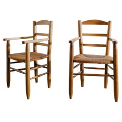 Pair of French Wooden Mid Century Side Armchairs in Elm & Straw Rattan, 1950s