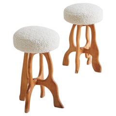 Pair of French Wooden Stools in Cream Teddy, 1960s