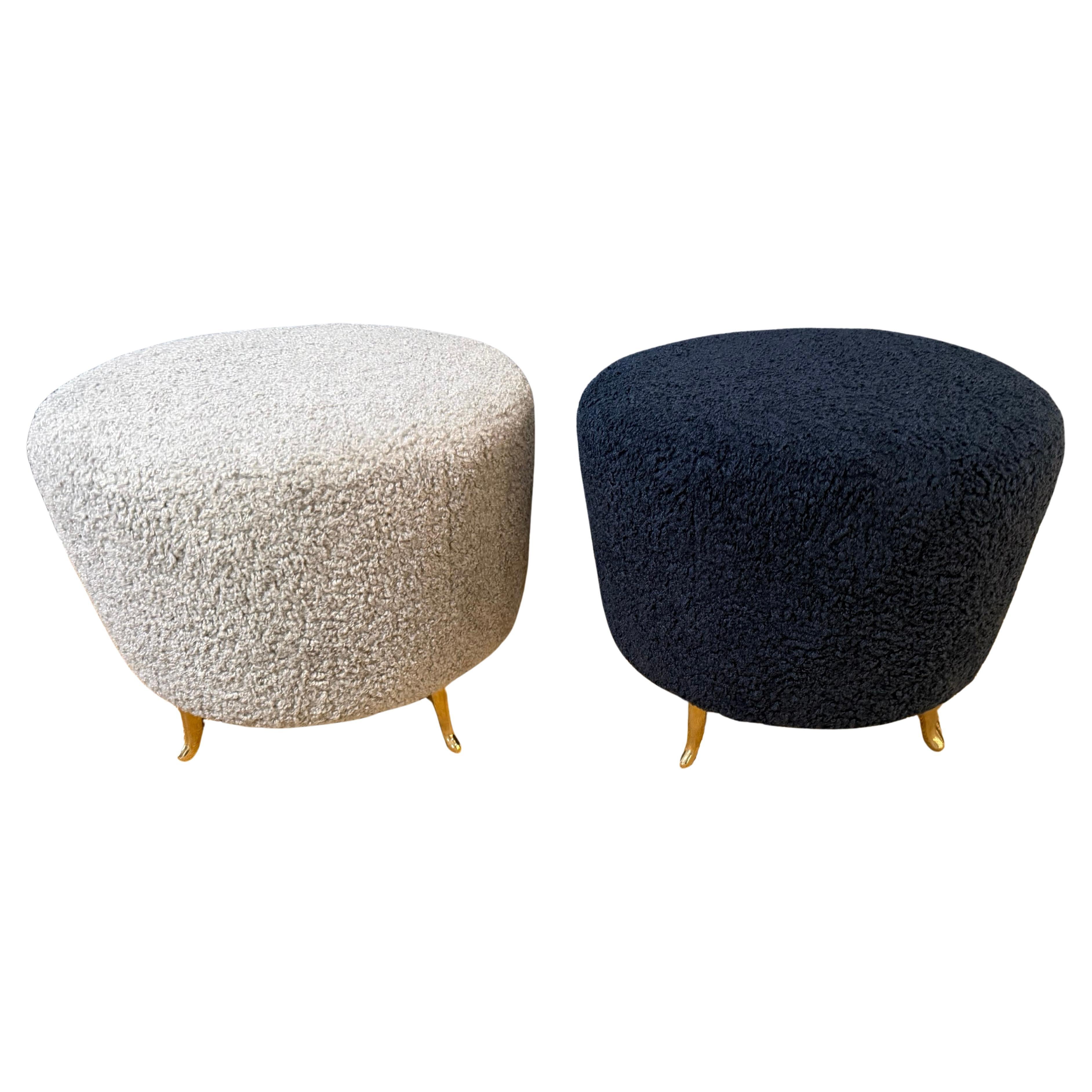 Coppia di sgabelli da pranzo con pouf in lana francese in vendita