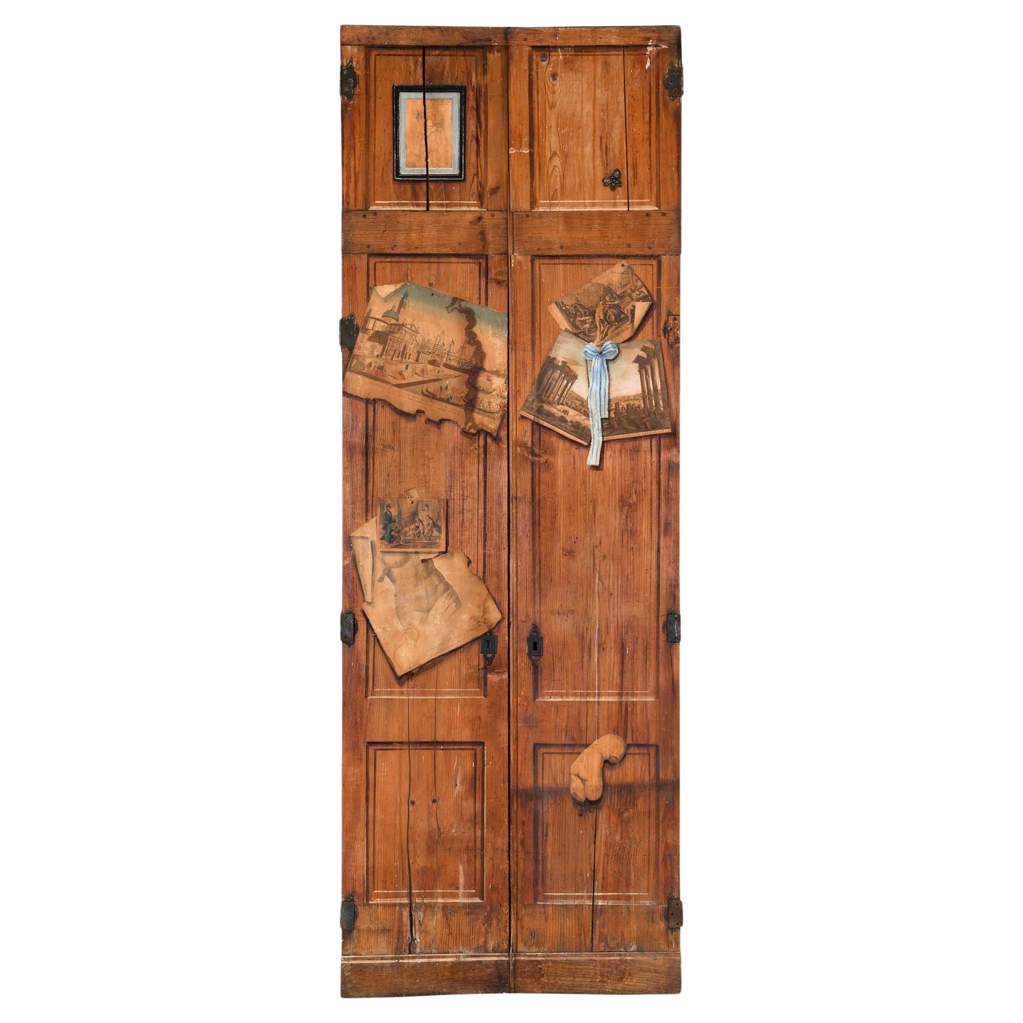 Pair of French Worn Pine Decoupage & Trompe L'oeil Doors