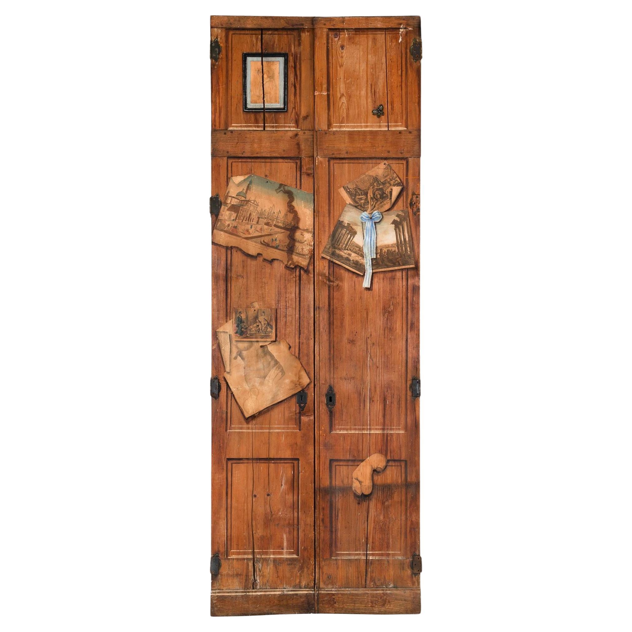 Pair of French Worn Pine Decoupage & Trompe L'oeil Doors