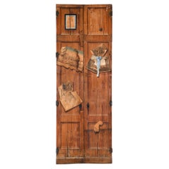 Coppia di porte francesi in pino consumato a decoupage e Trompe L'Oeil