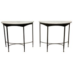 Pair of French Wrought Iron and Carrara Marble-Top Demilune Tables