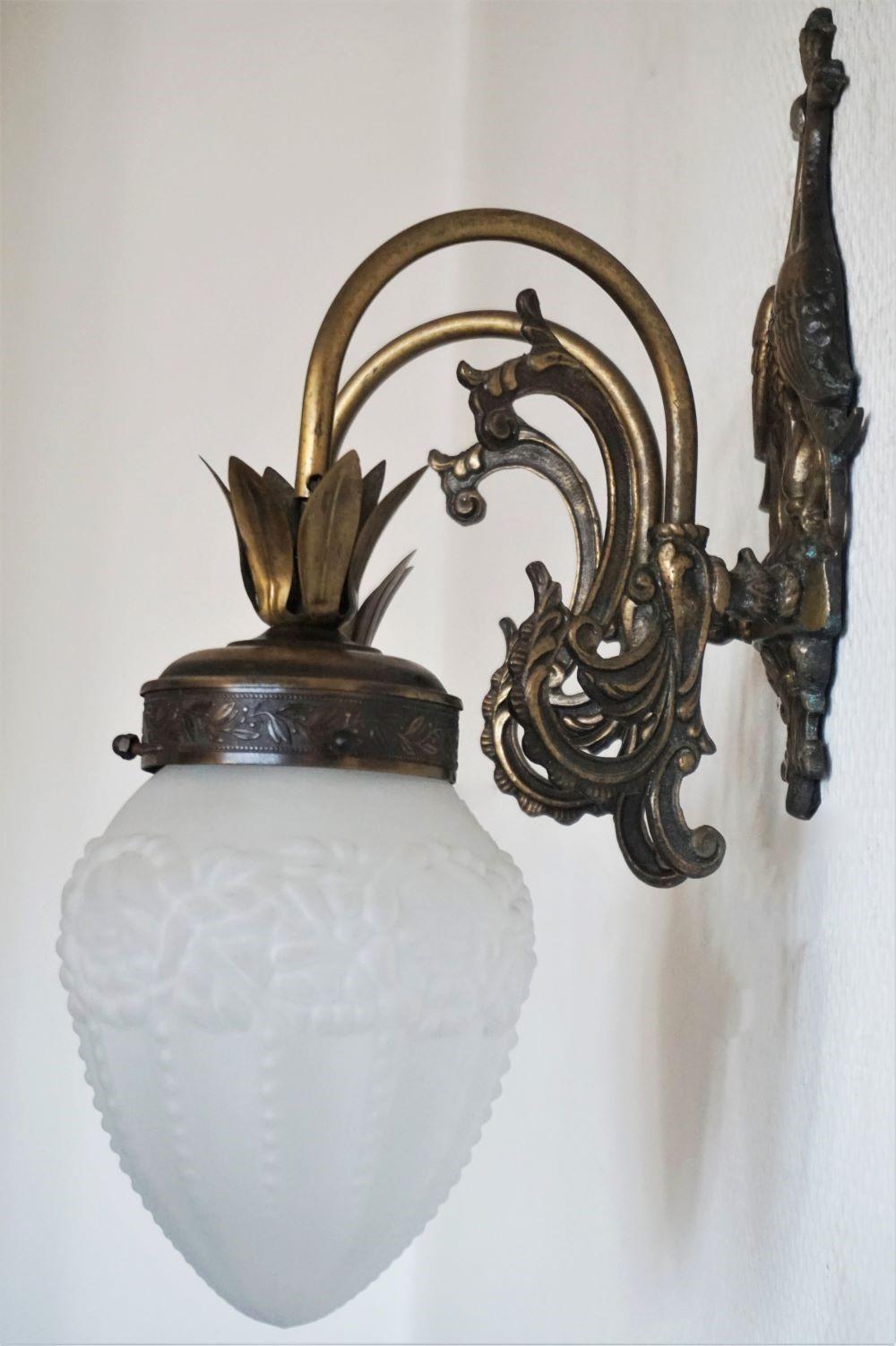 Frosted Pair of French Wrought Iron and Glass Two-Arm Wall Sconces Indoor or Outdoor Use