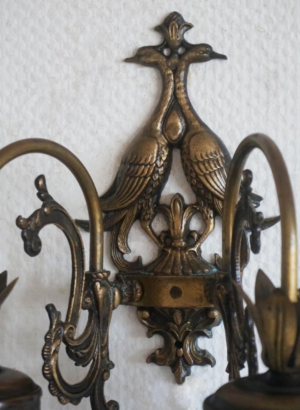 20th Century Pair of French Wrought Iron and Glass Two-Arm Wall Sconces Indoor or Outdoor Use