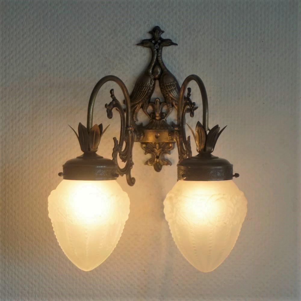 Brass Pair of French Wrought Iron and Glass Two-Arm Wall Sconces Indoor or Outdoor Use