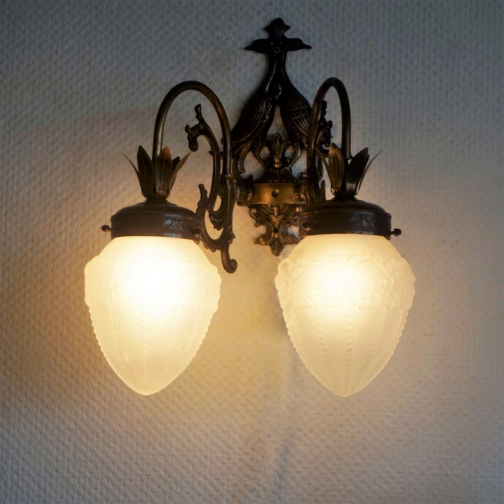Pair of French Wrought Iron and Glass Two-Arm Wall Sconces Indoor or Outdoor Use 1