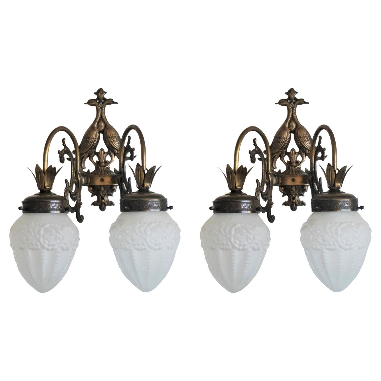 Pair of French Wrought Iron and Glass Two-Arm Wall Sconces Indoor or Outdoor Use