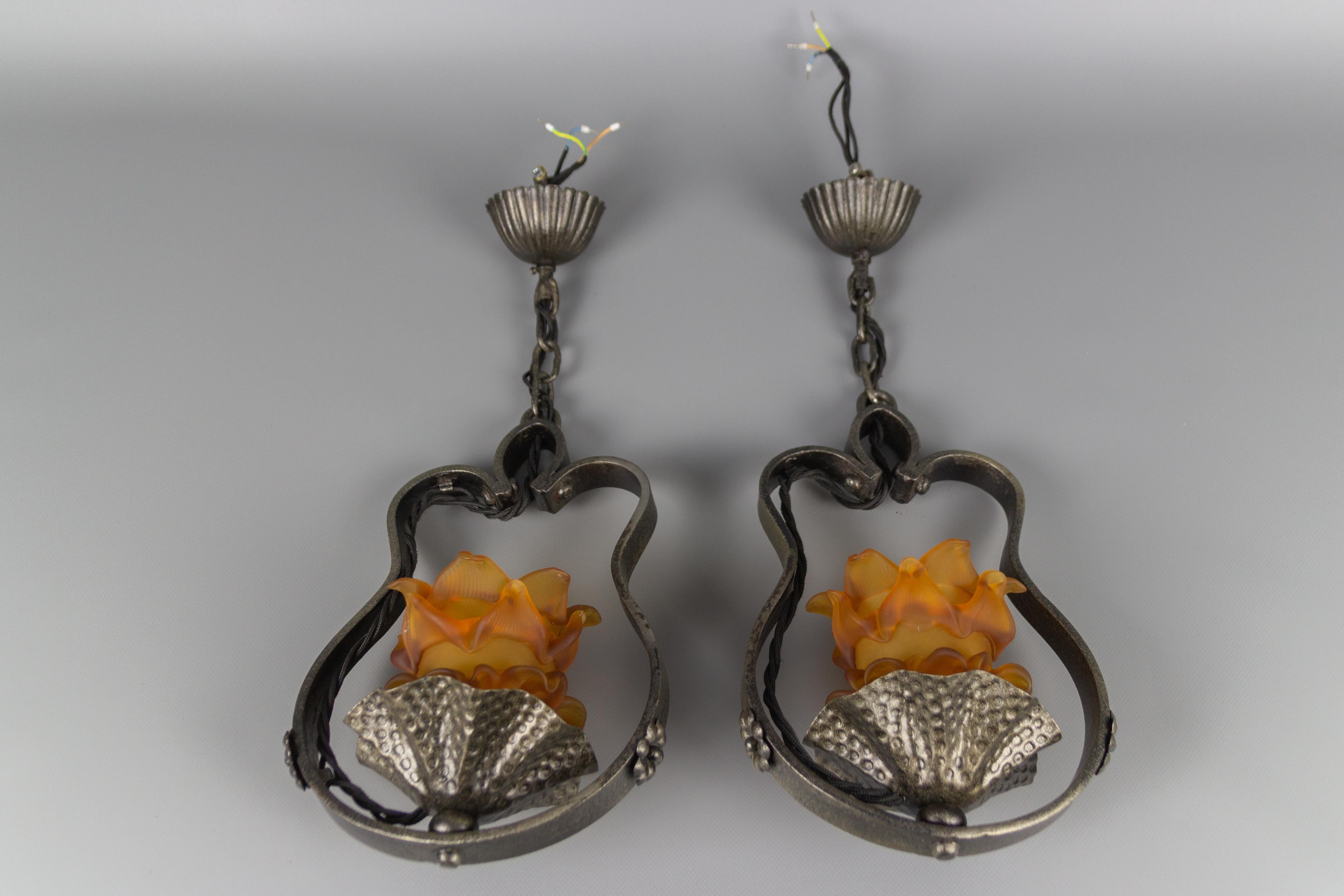 Pair of French Wrought Iron and Orange Glass Flower Shaped Pendant Lights 6