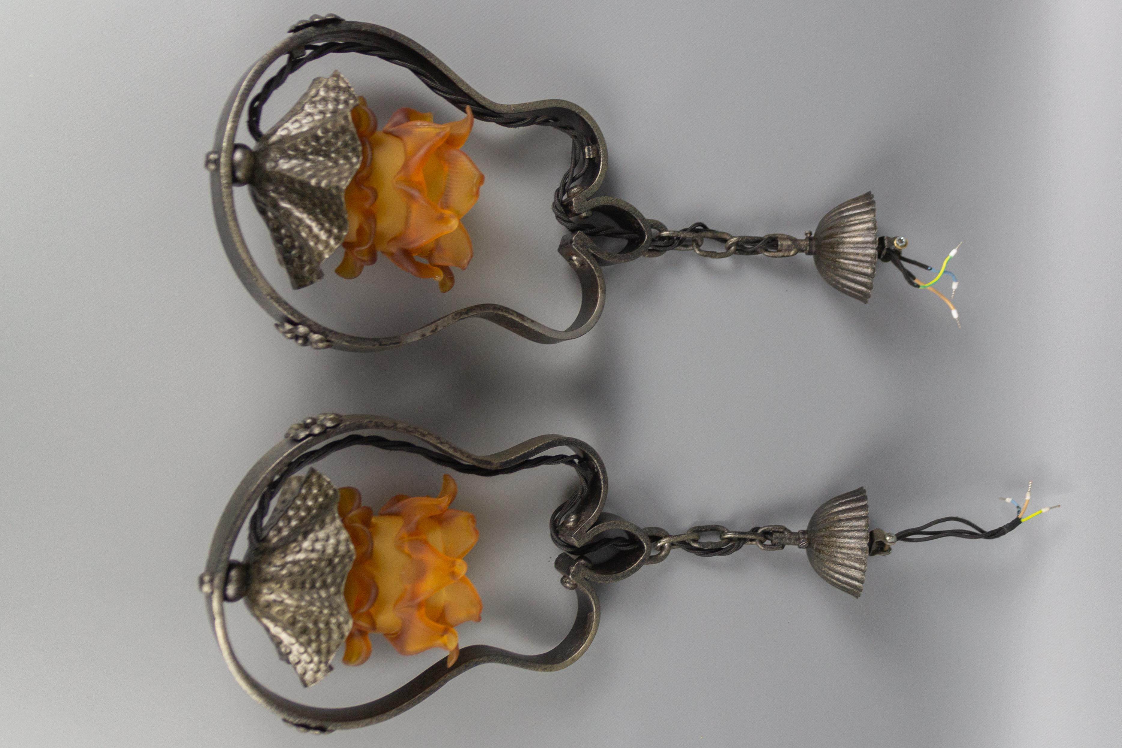 Pair of French Wrought Iron and Orange Glass Flower Shaped Pendant Lights 7