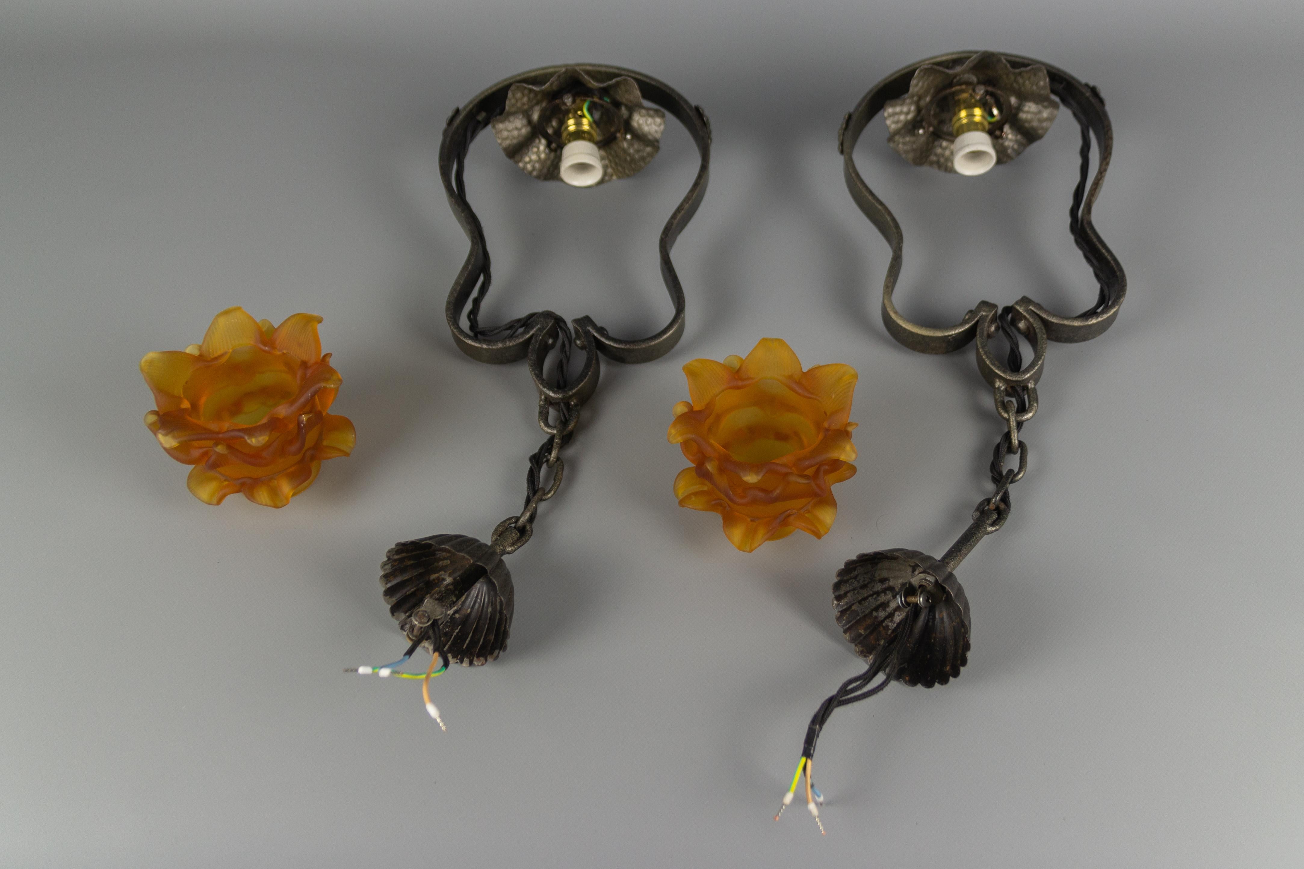 Pair of French Wrought Iron and Orange Glass Flower Shaped Pendant Lights 8