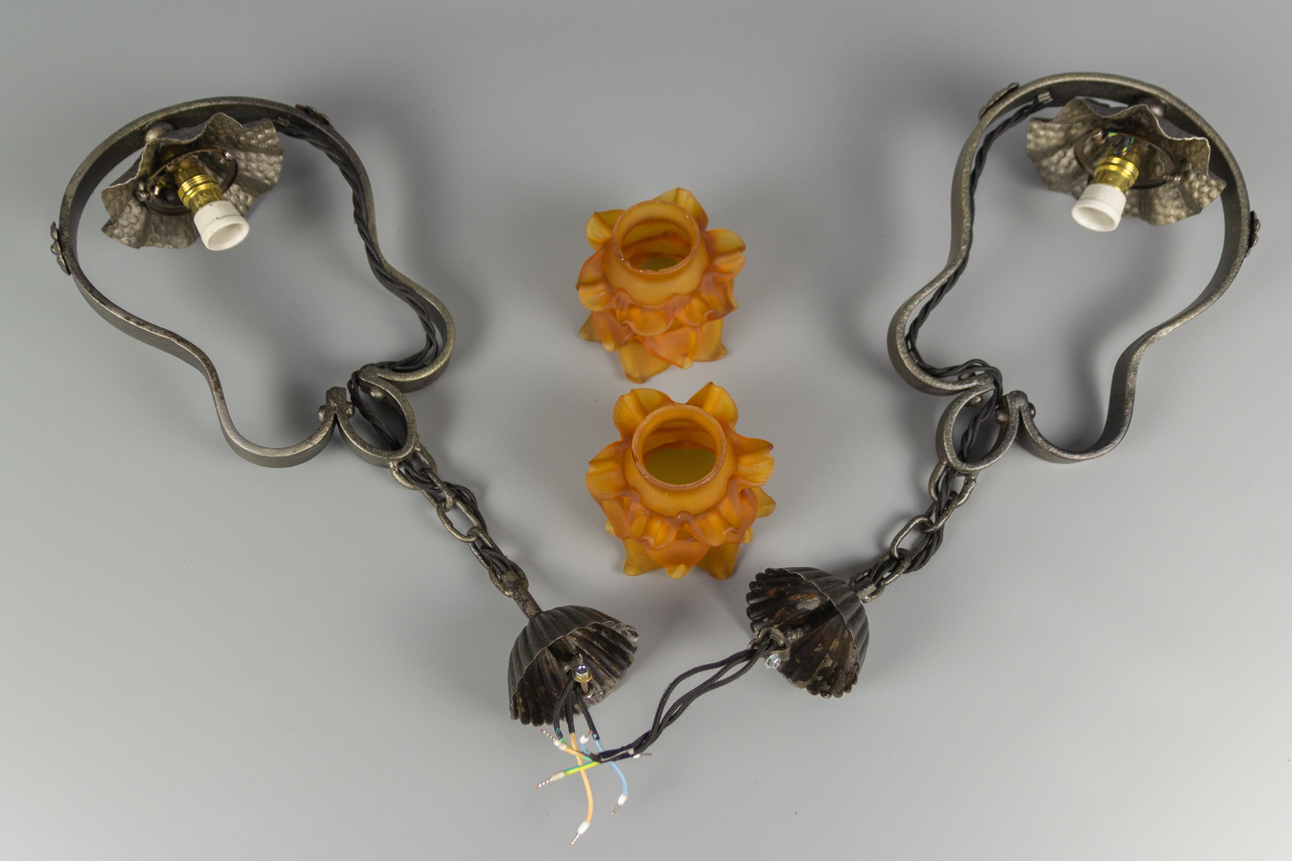 Pair of French Wrought Iron and Orange Glass Flower Shaped Pendant Lights 9