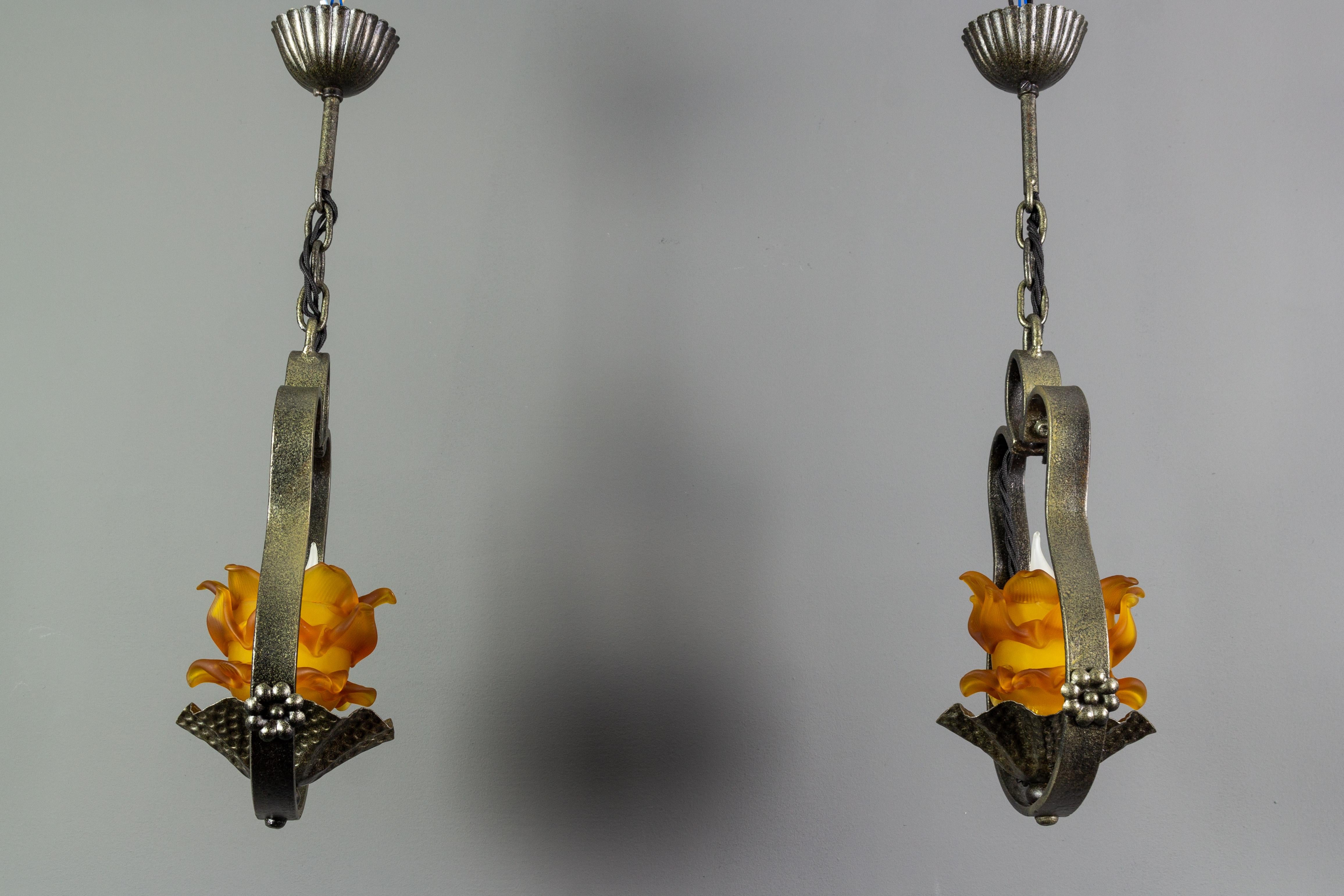 Pair of French Wrought Iron and Orange Glass Flower Shaped Pendant Lights 13