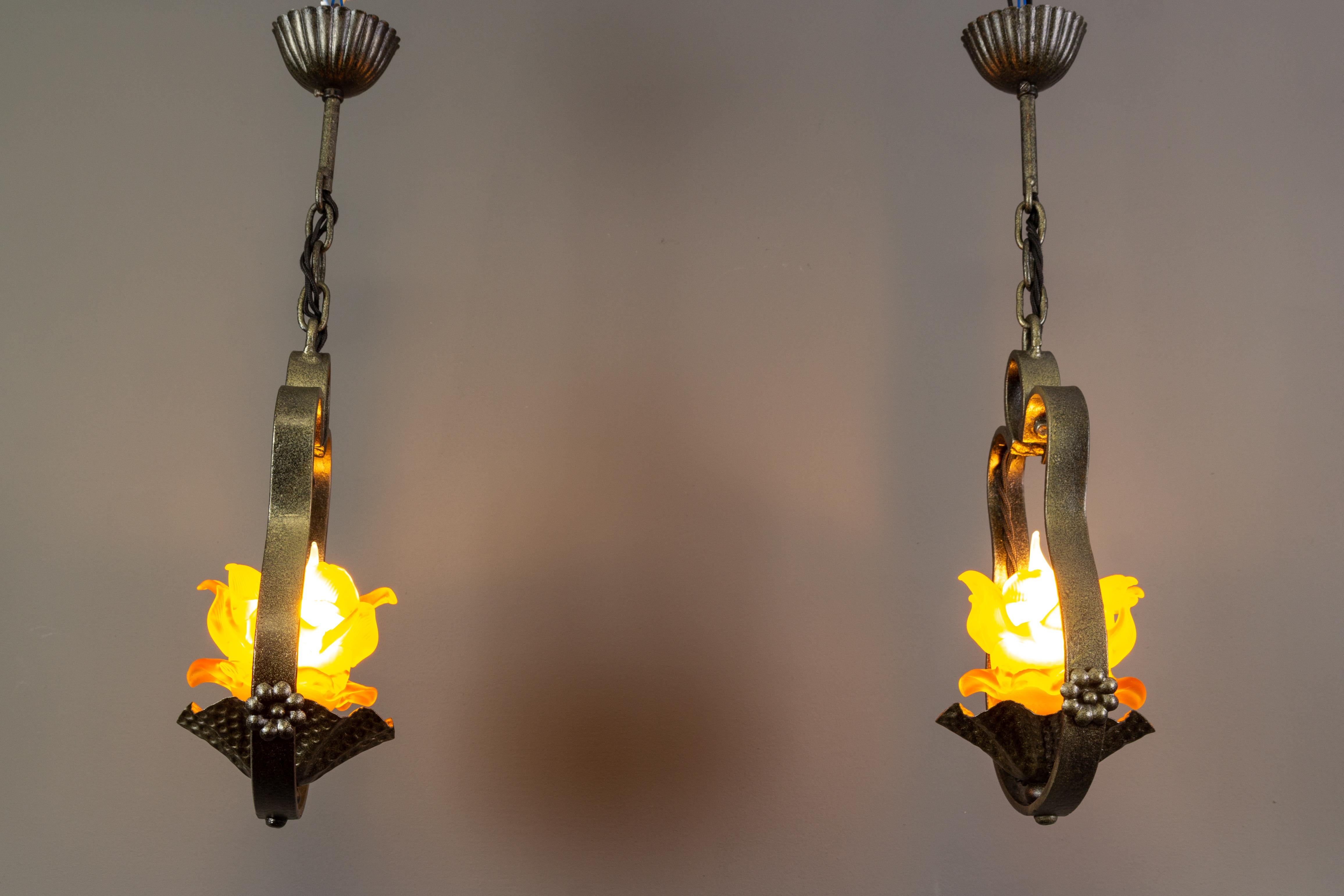 Pair of French Wrought Iron and Orange Glass Flower Shaped Pendant Lights 14