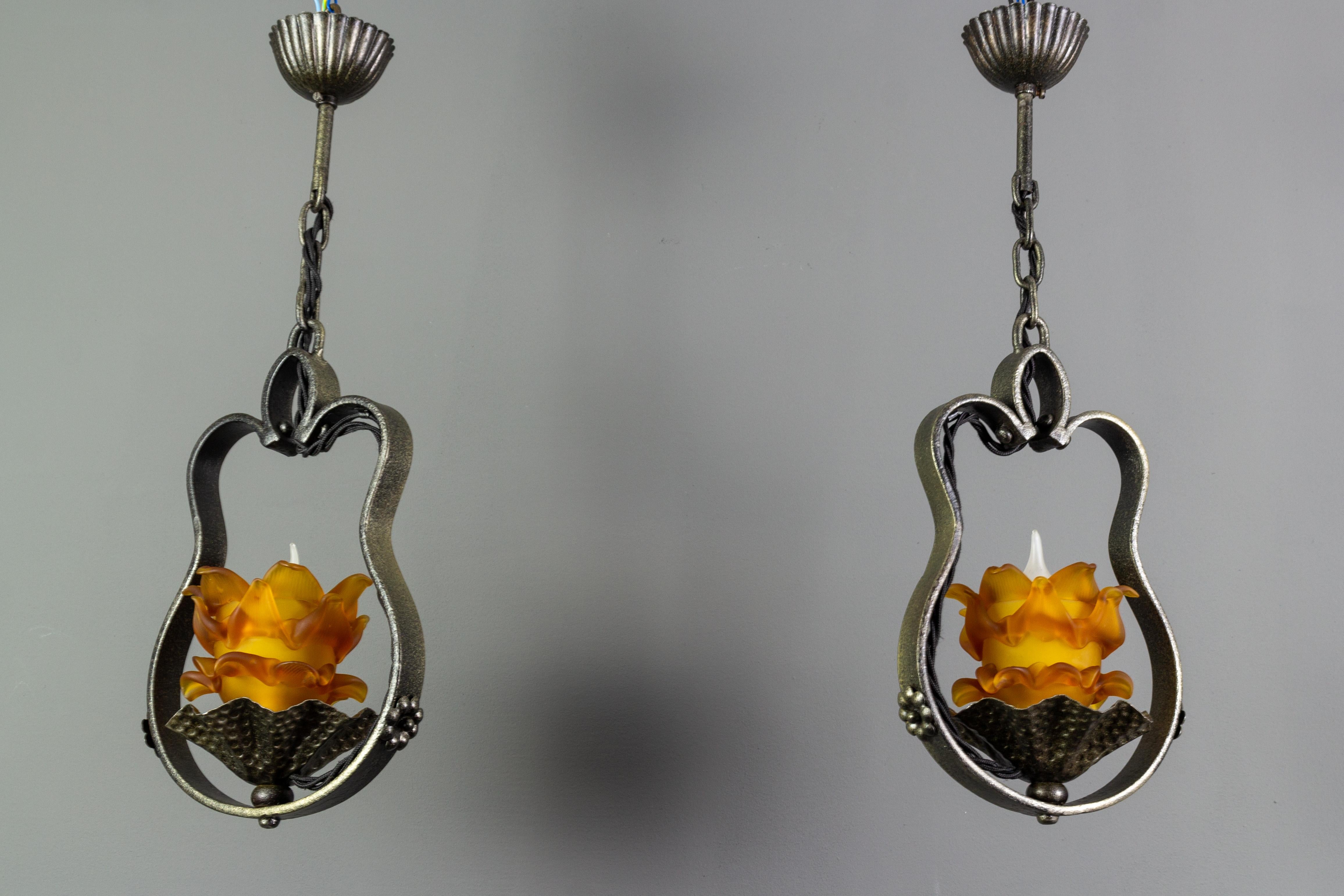 Pair of French Wrought Iron and Orange Glass Flower Shaped Pendant Lights 15