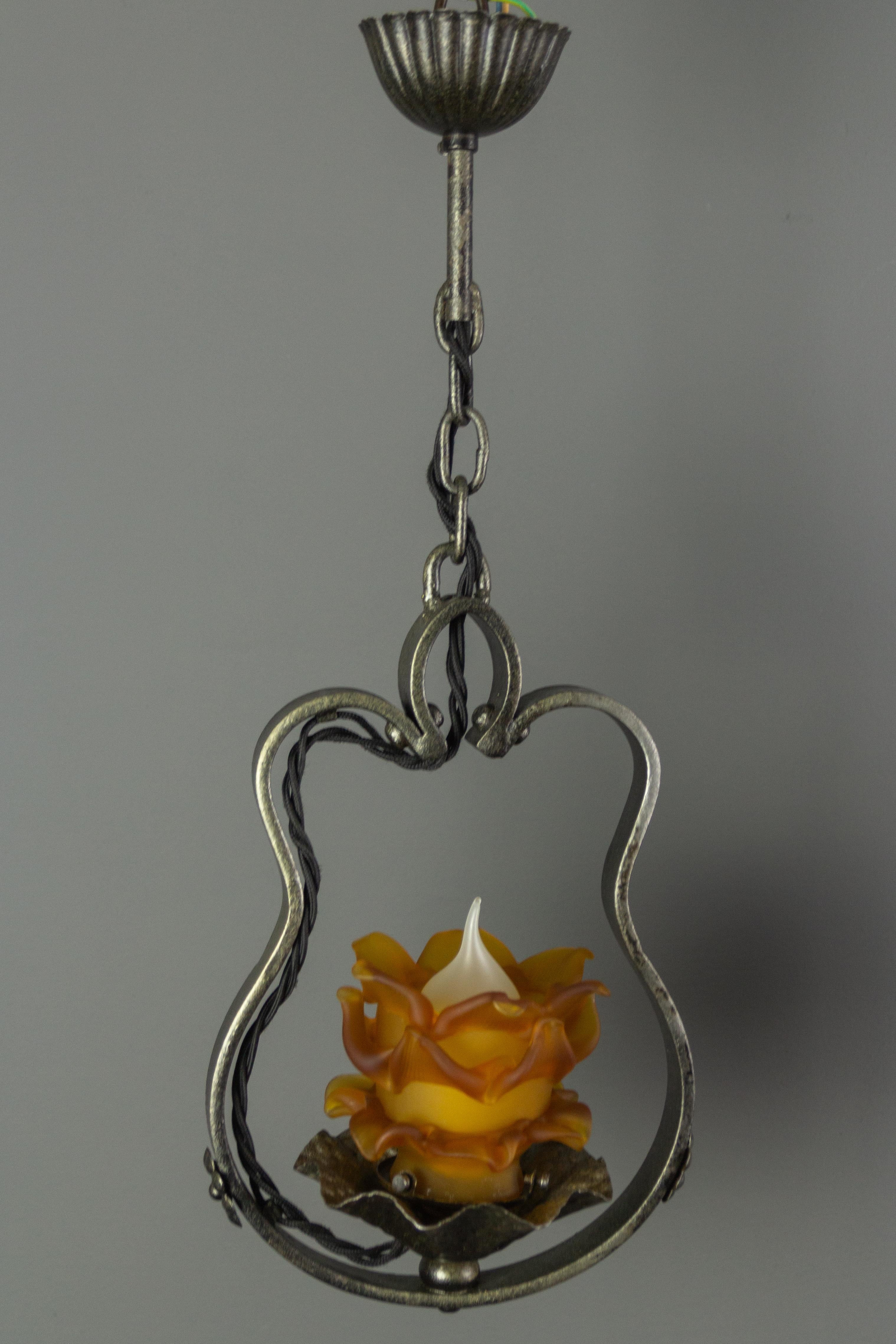Pair of French Wrought Iron and Orange Glass Flower Shaped Pendant Lights 1