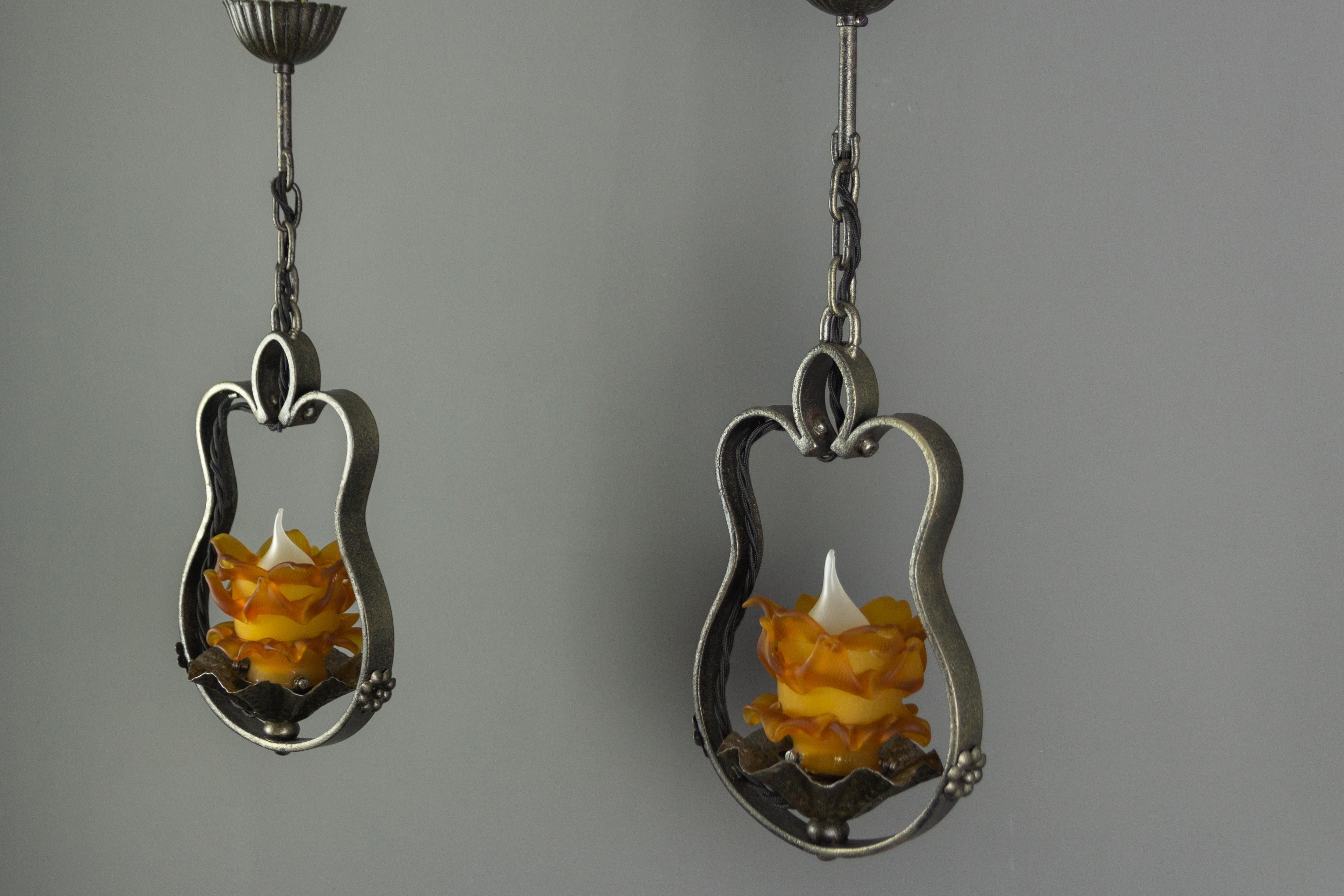 Pair of French Wrought Iron and Orange Glass Flower Shaped Pendant Lights 2