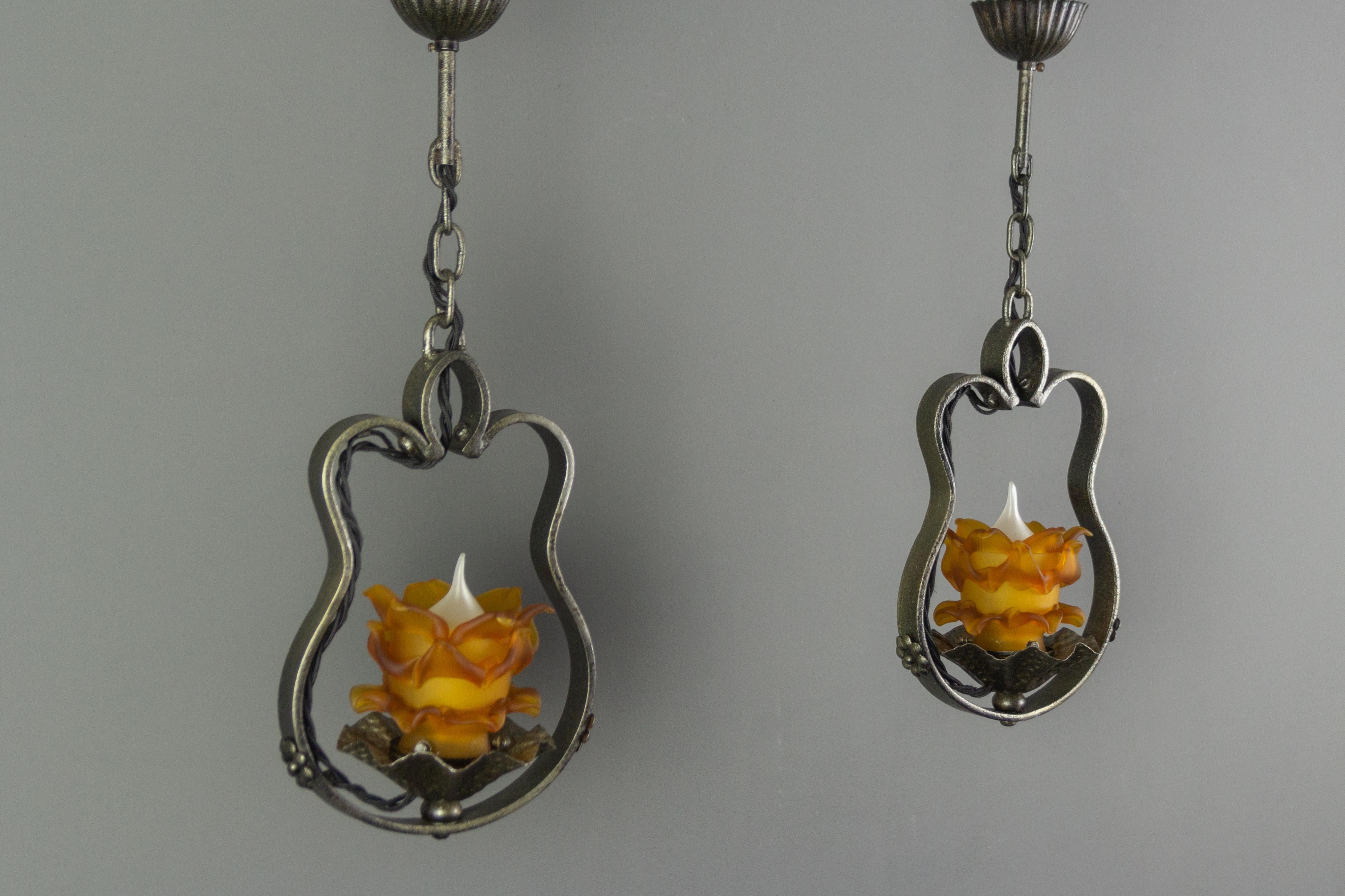 Pair of French Wrought Iron and Orange Glass Flower Shaped Pendant Lights 3