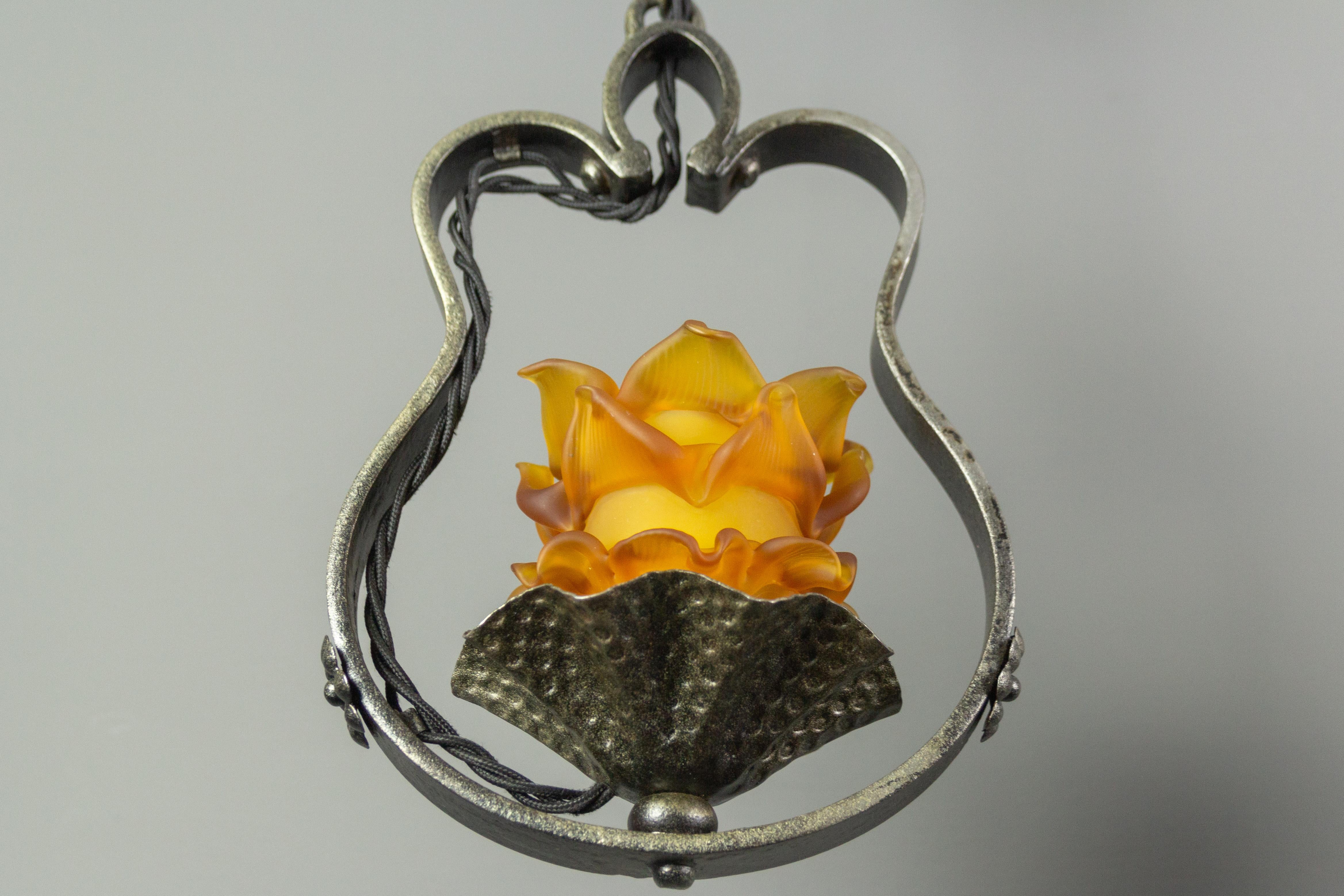 Pair of French Wrought Iron and Orange Glass Flower Shaped Pendant Lights 4