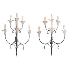 Pair of French Wrought Iron and Tole Floral Five-Light Sconces, circa 1940