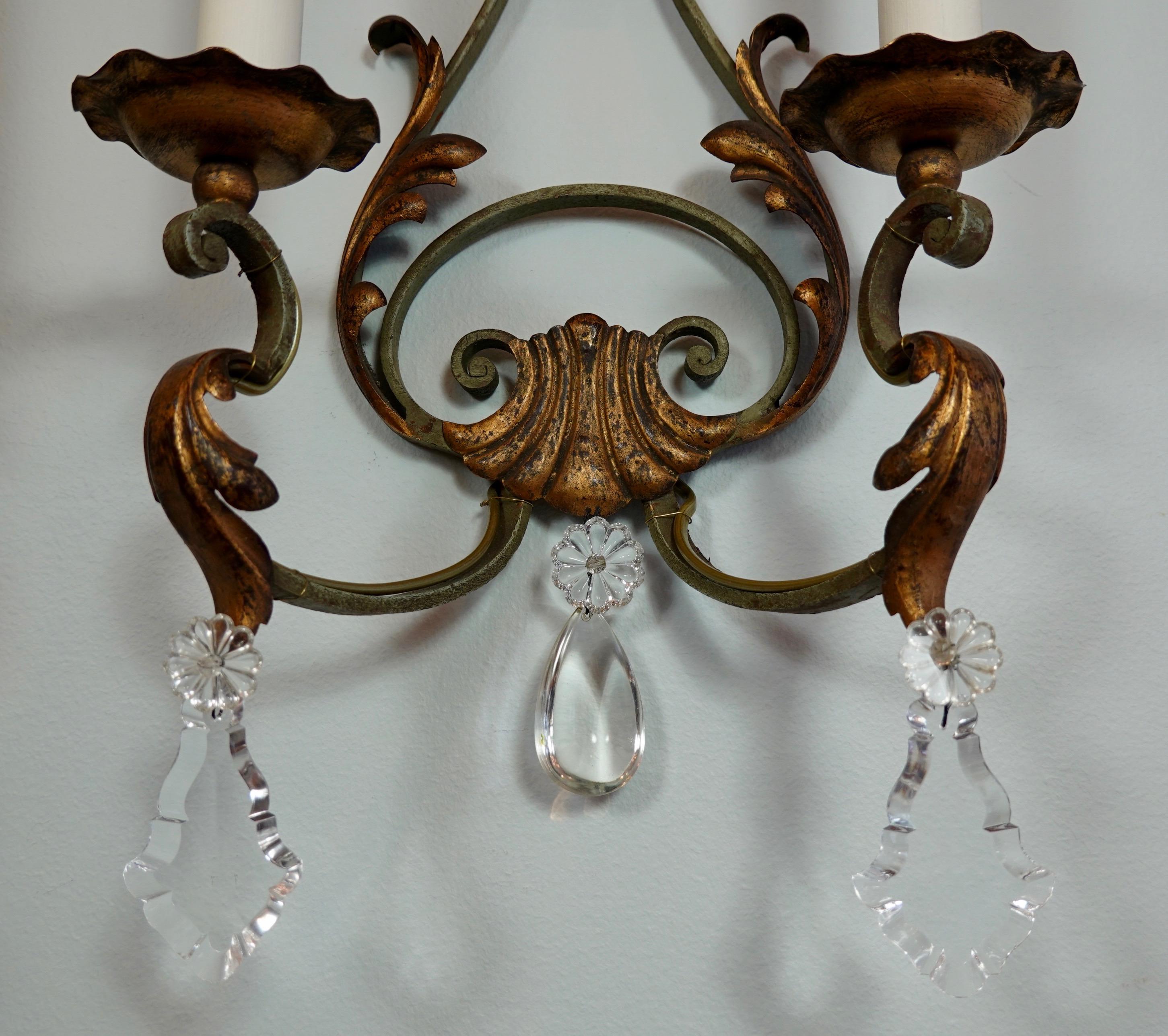 Pair of French Wrought Iron and Tole Sconces with Crystals 5