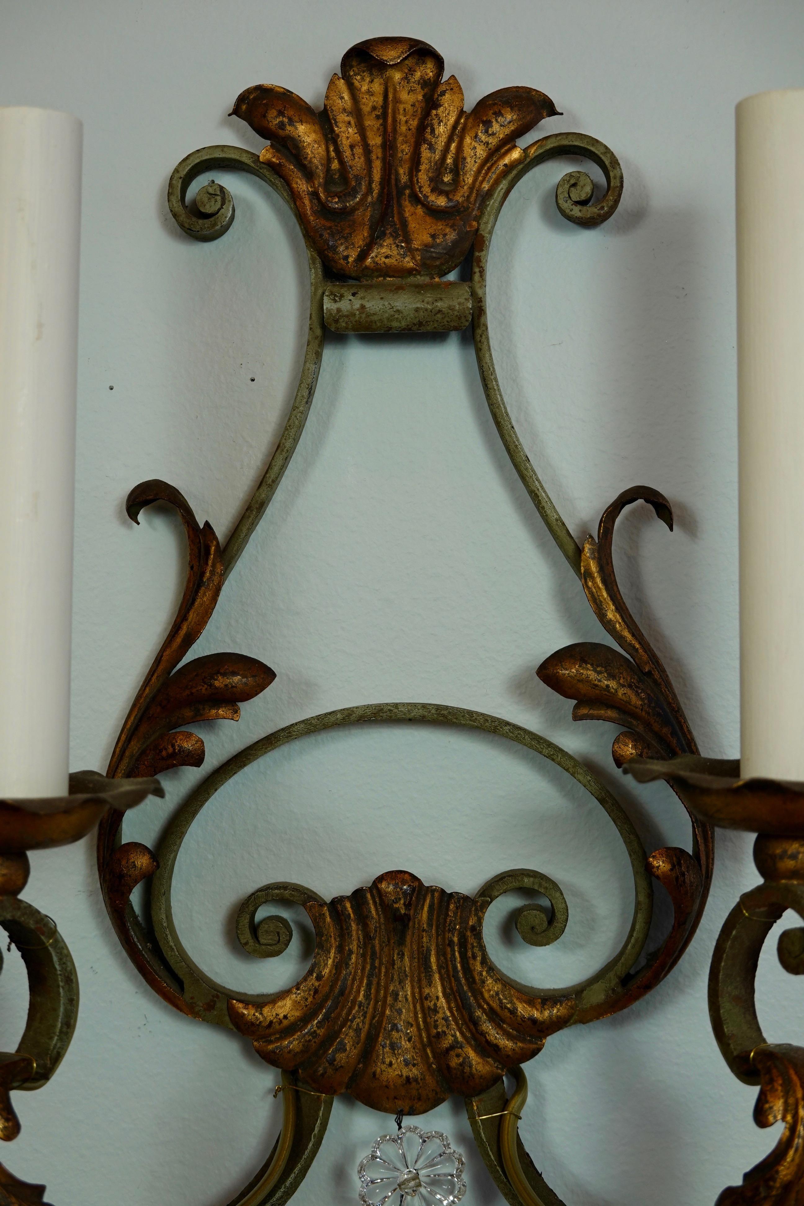 Pair of French Wrought Iron and Tole Sconces with Crystals 6