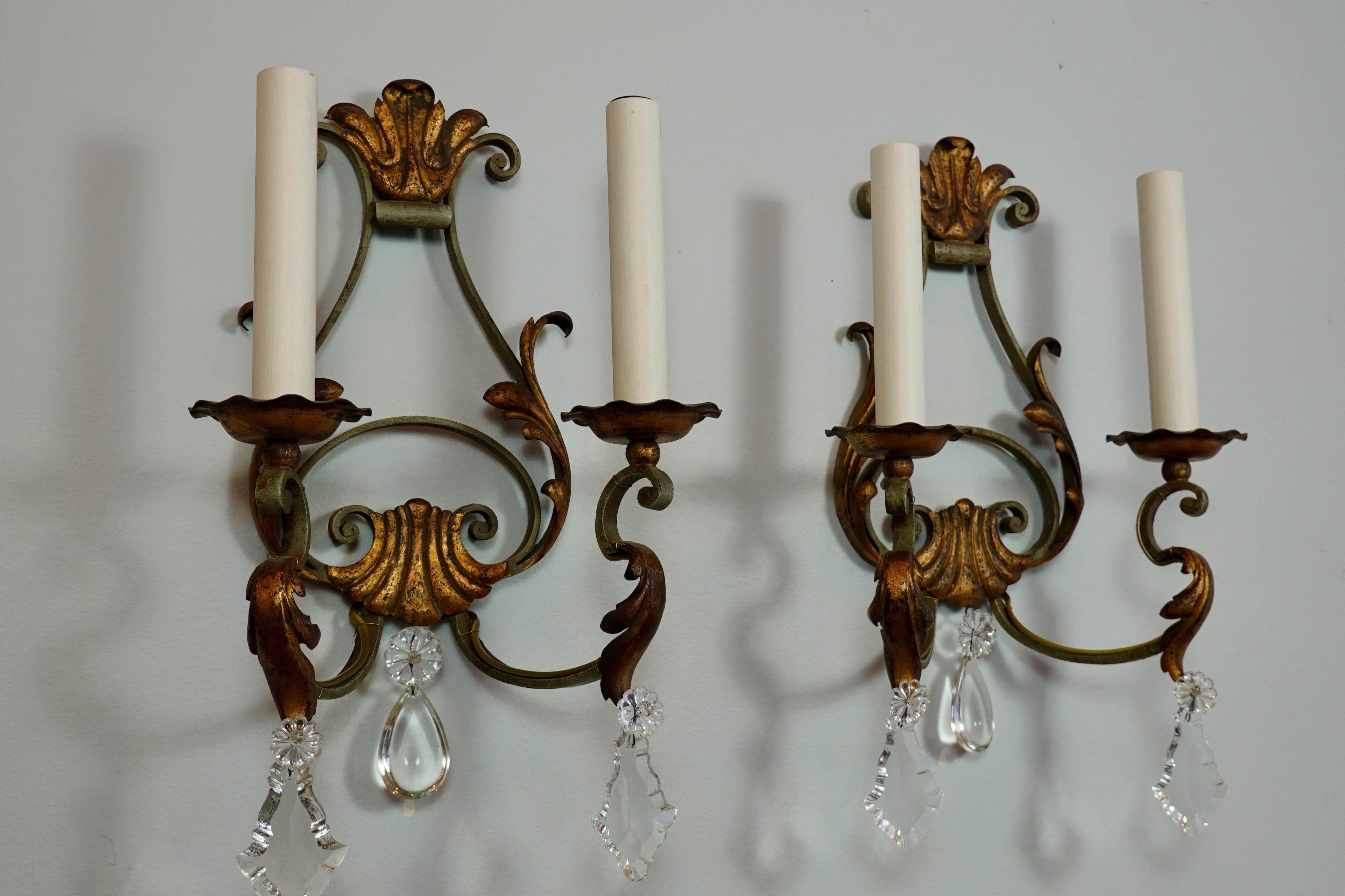 French Provincial Pair of French Wrought Iron and Tole Sconces with Crystals