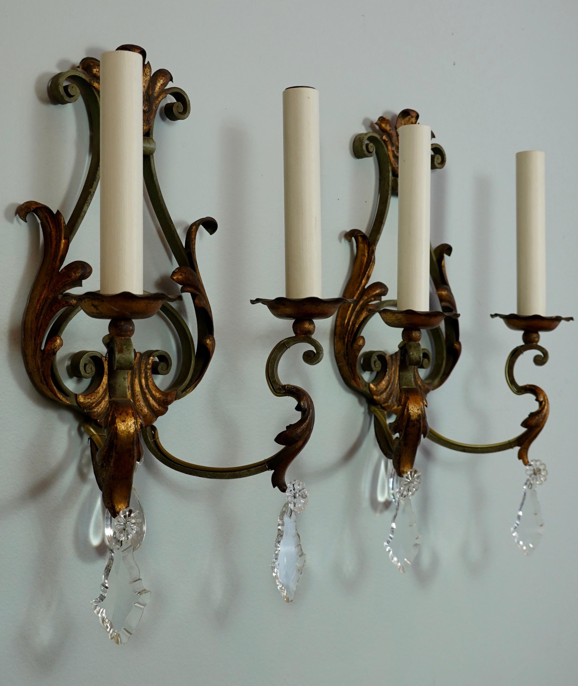 Pair of French Wrought Iron and Tole Sconces with Crystals In Good Condition In Pembroke, MA