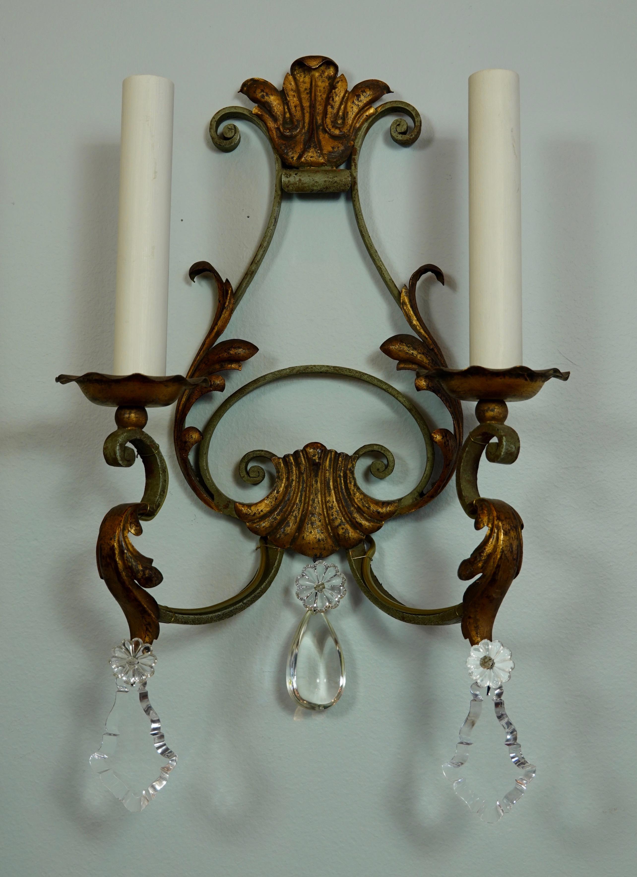 20th Century Pair of French Wrought Iron and Tole Sconces with Crystals