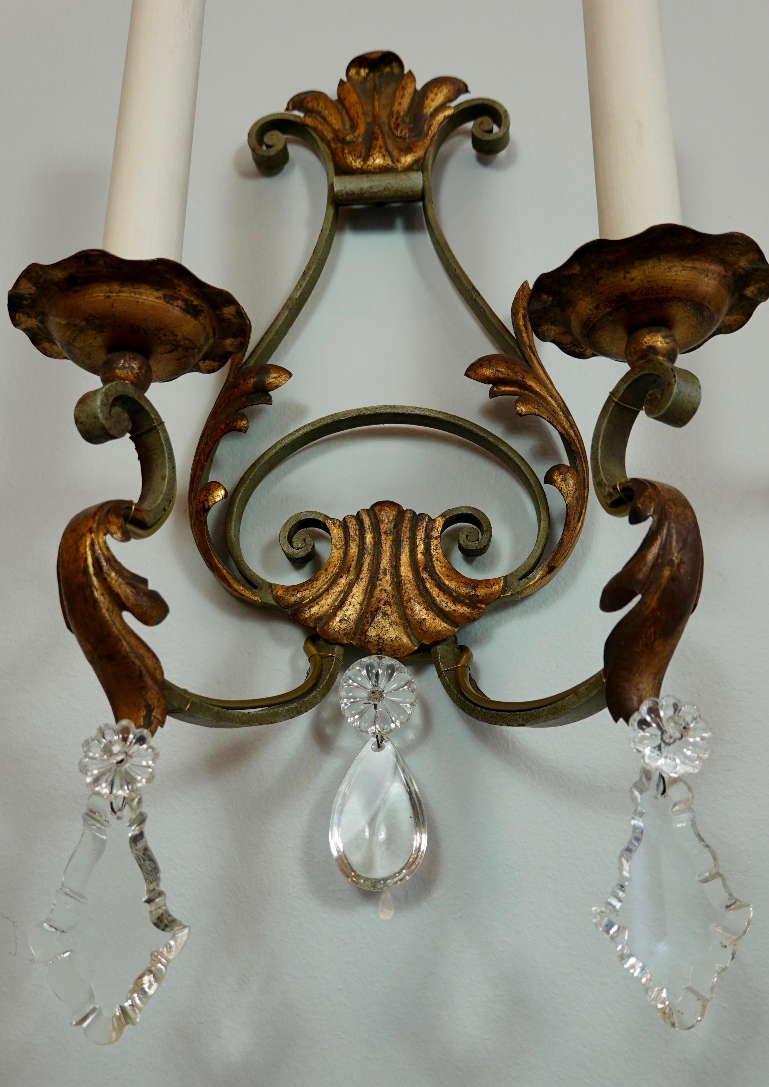 Pair of French Wrought Iron and Tole Sconces with Crystals 1