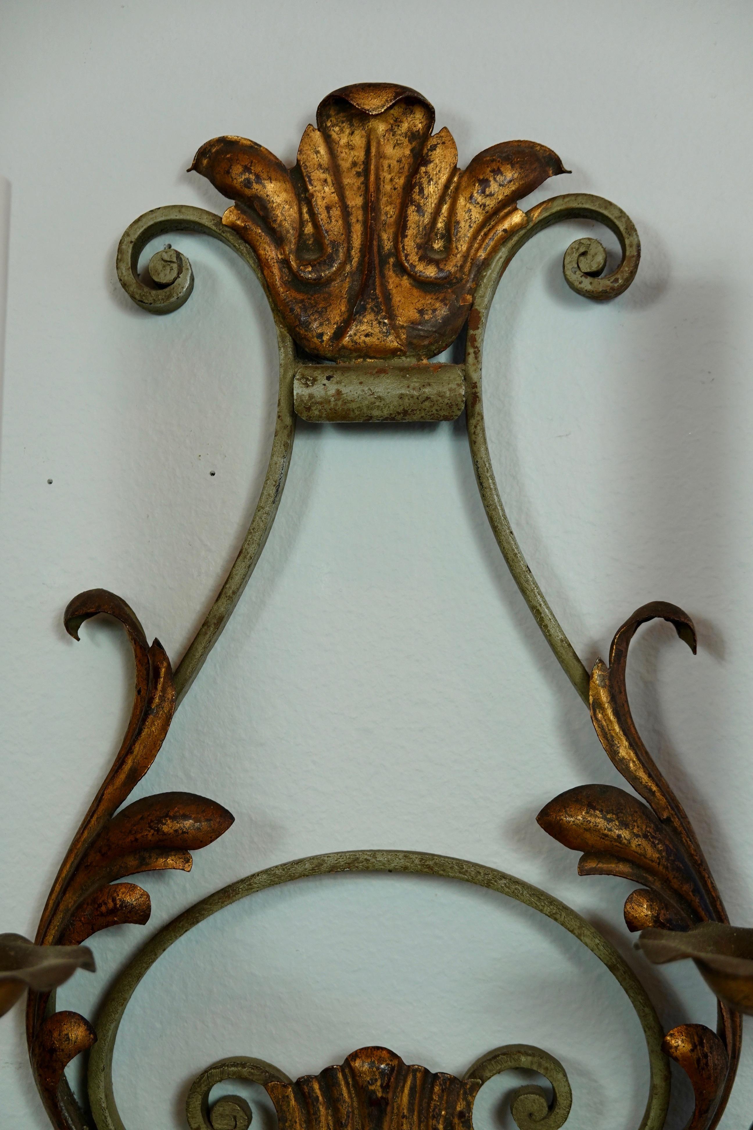Pair of French Wrought Iron and Tole Sconces with Crystals 2