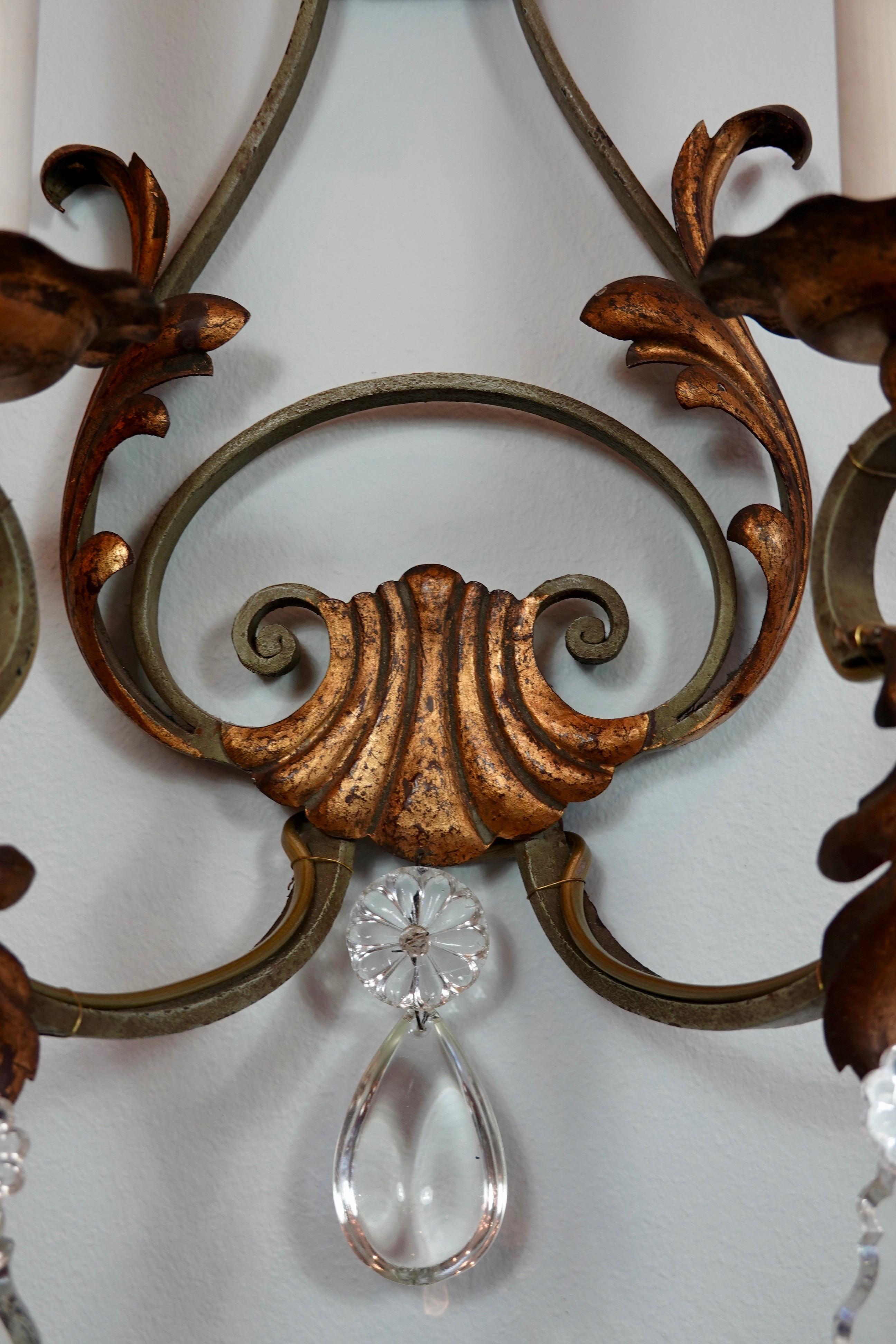 Pair of French Wrought Iron and Tole Sconces with Crystals 3