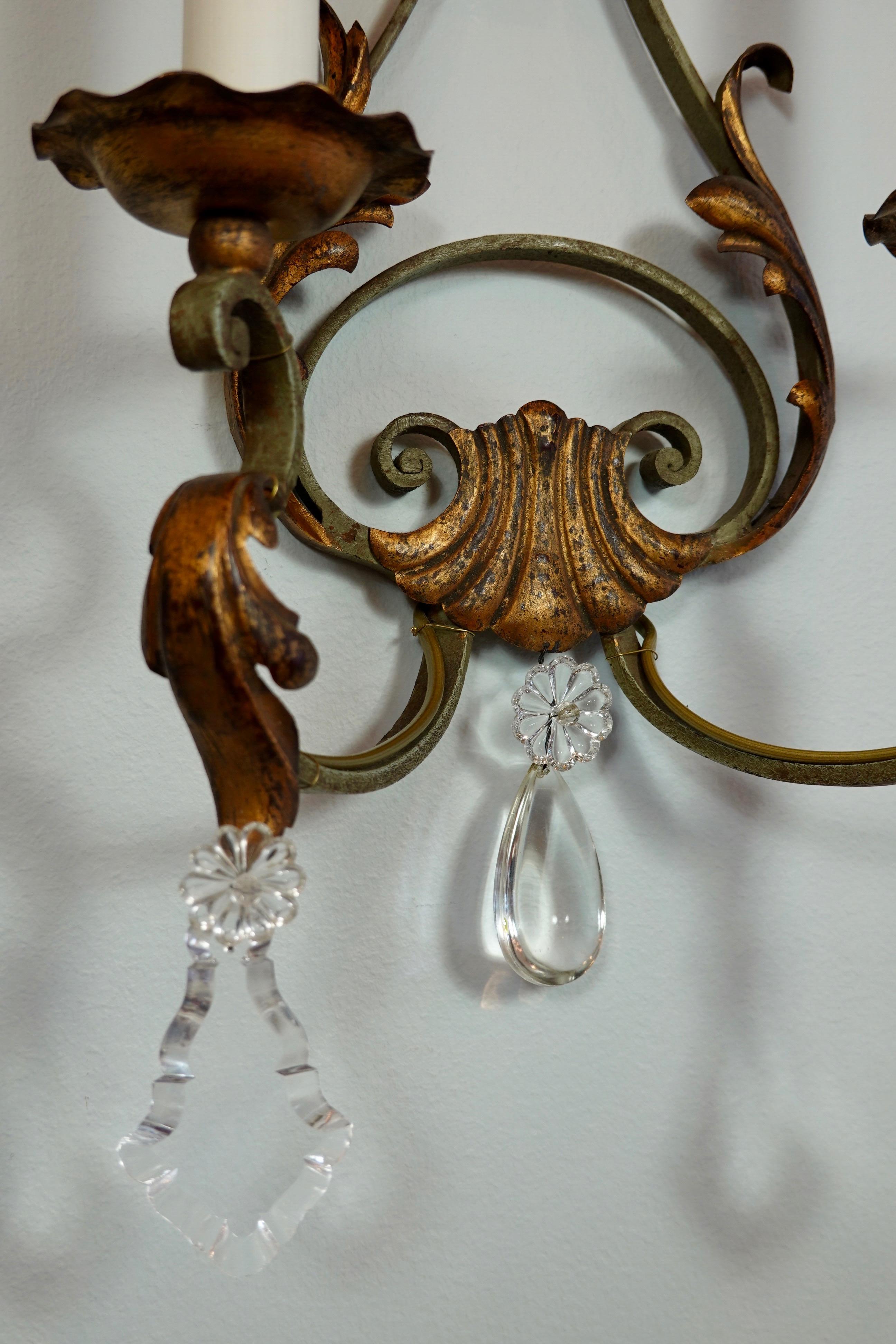 Pair of French Wrought Iron and Tole Sconces with Crystals 4