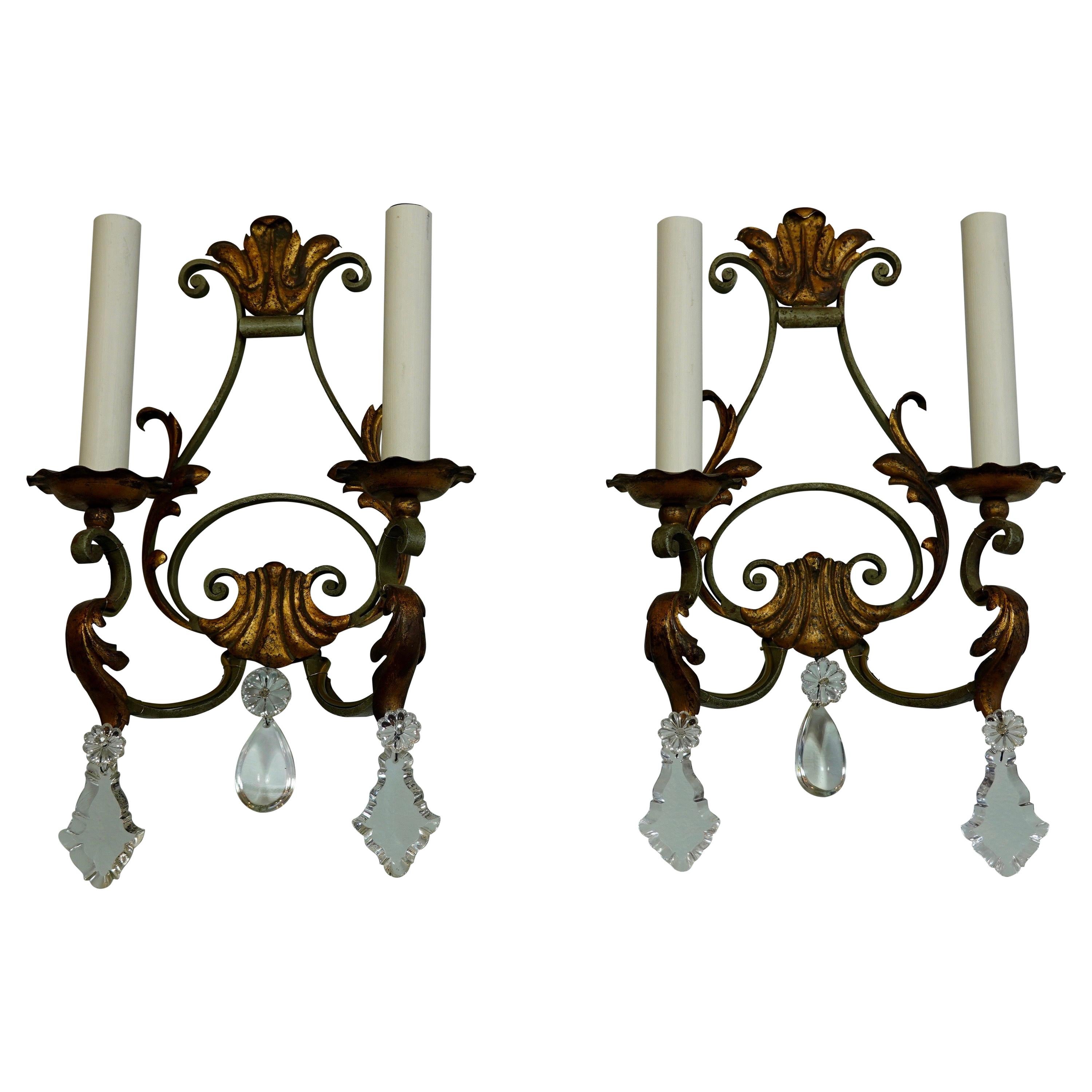 Pair of French Wrought Iron and Tole Sconces with Crystals