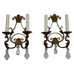 Antique Pair of French Wrought Iron and Tole Sconces with Crystals