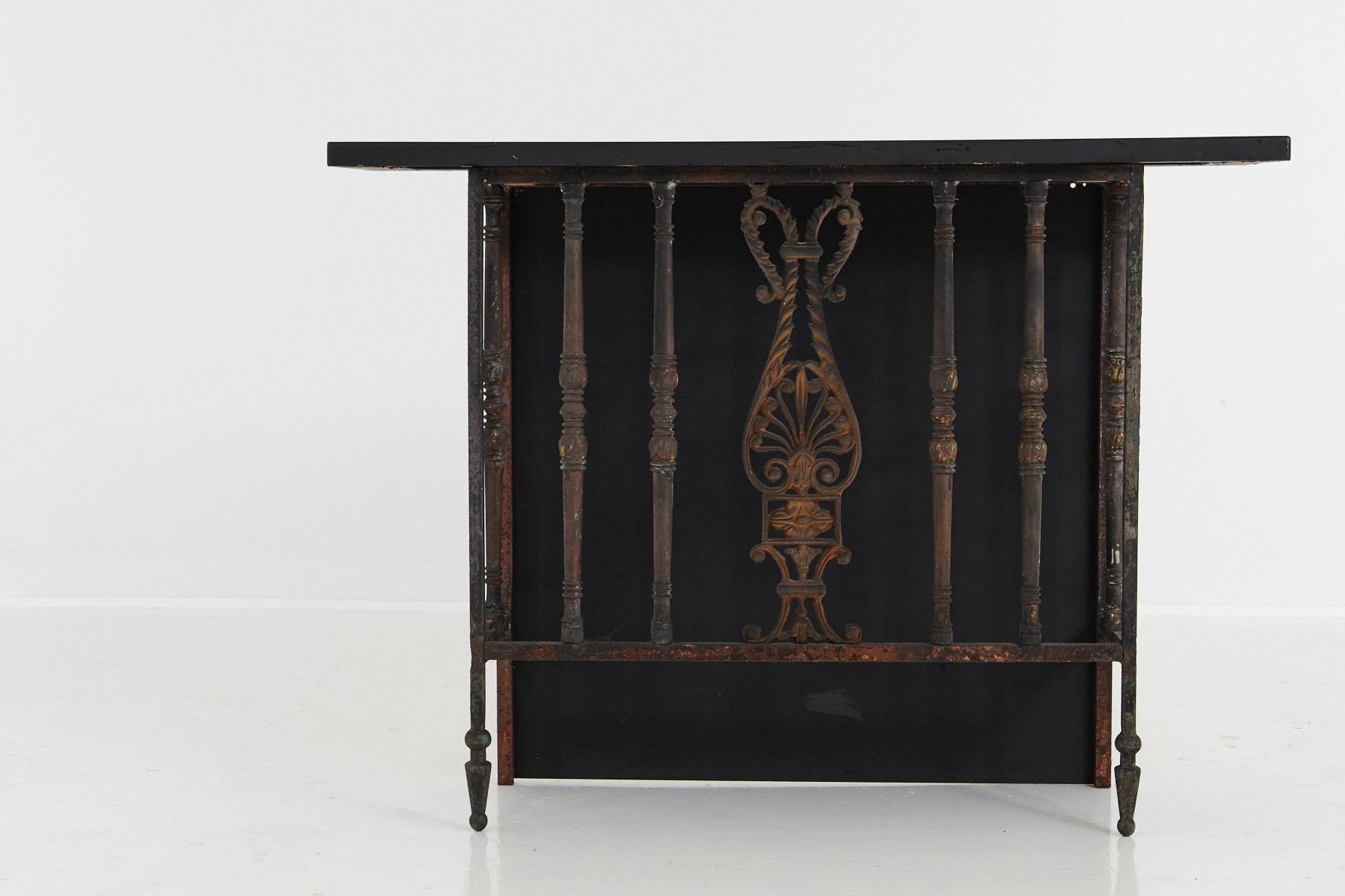 19th Century Pair of French Wrought Iron Balcony Railings Transformed into Custom Consoles For Sale