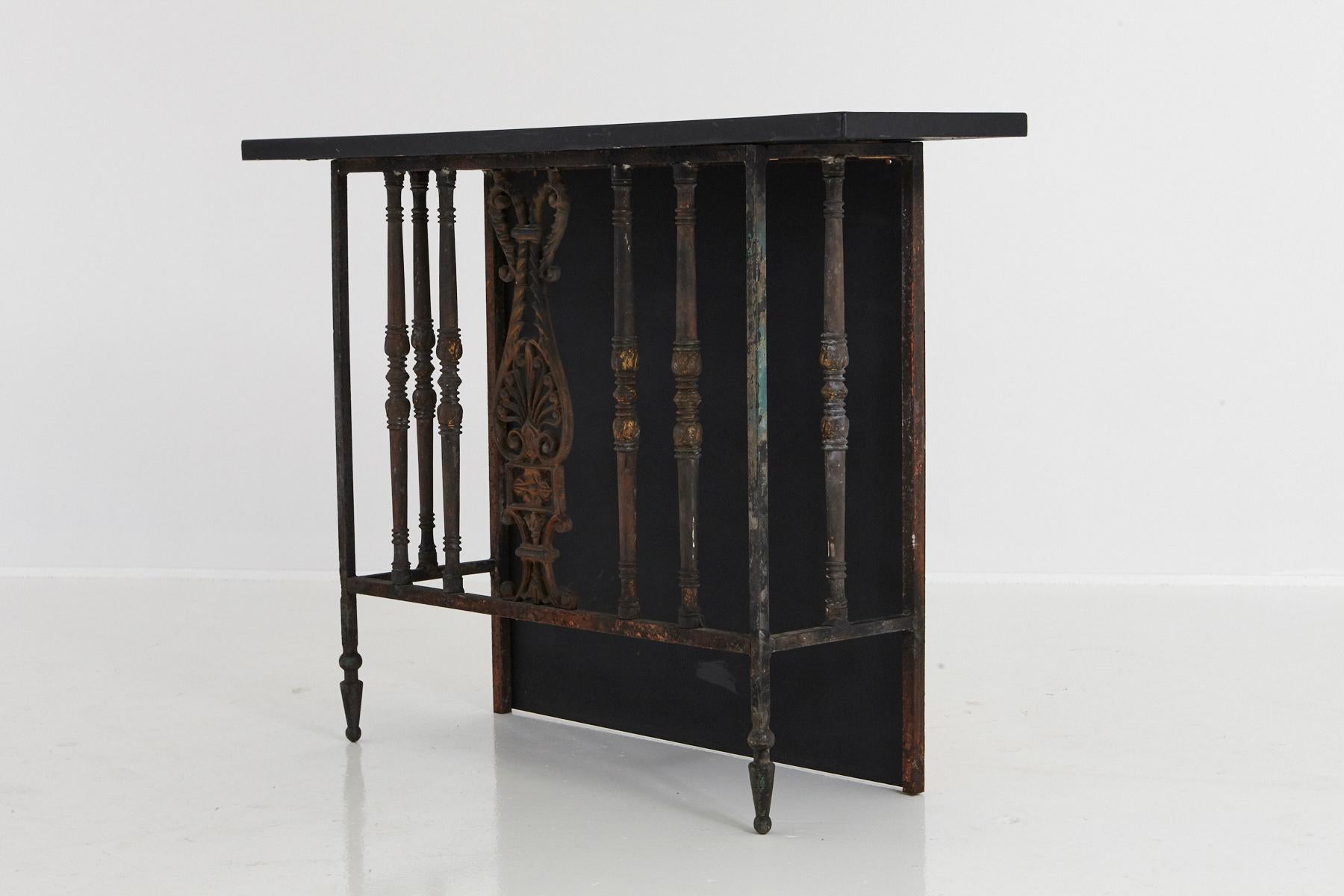 Pair of French Wrought Iron Balcony Railings Transformed into Custom Consoles For Sale 4