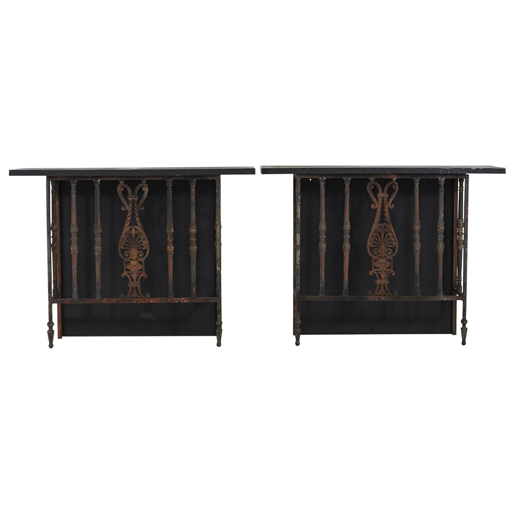 Pair of French Wrought Iron Balcony Railings Transformed into Custom Consoles For Sale