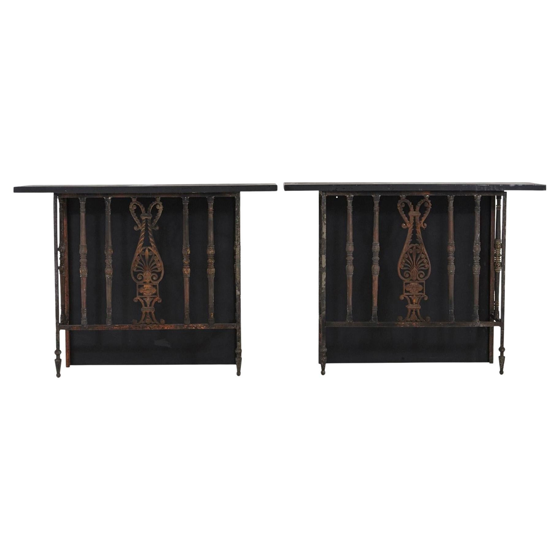 Pair of French Wrought Iron Balcony Railings Transformed into Custom Consoles For Sale