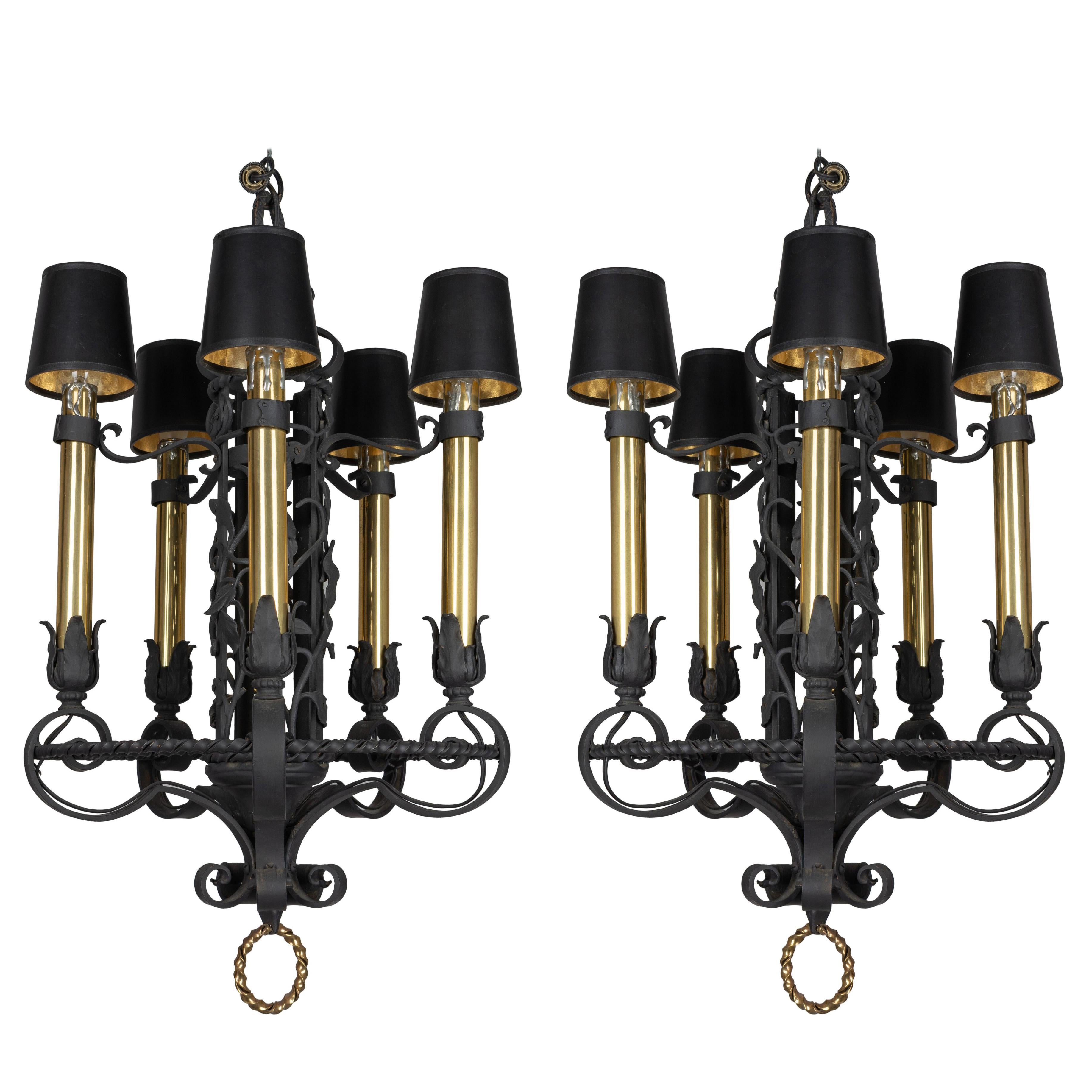 Pair of French Wrought Iron Chandeliers
