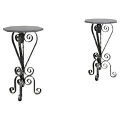 Pair of French Wrought Iron Consoles with Belgian Blue Stone Tops, 1950s