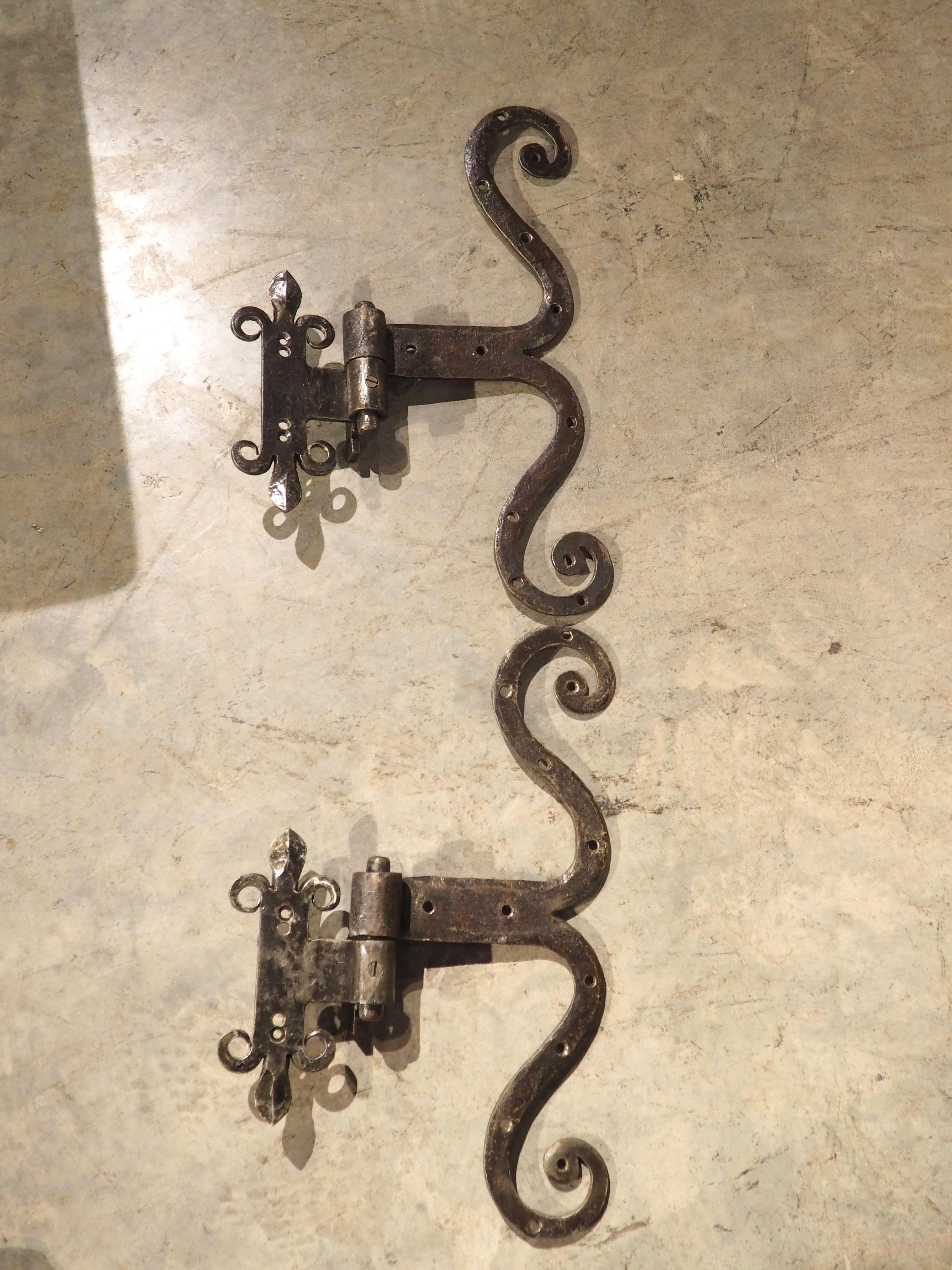Coppia di cerniere per porte in ferro battuto Fleur De Lys, inizio XX secolo. in vendita 9