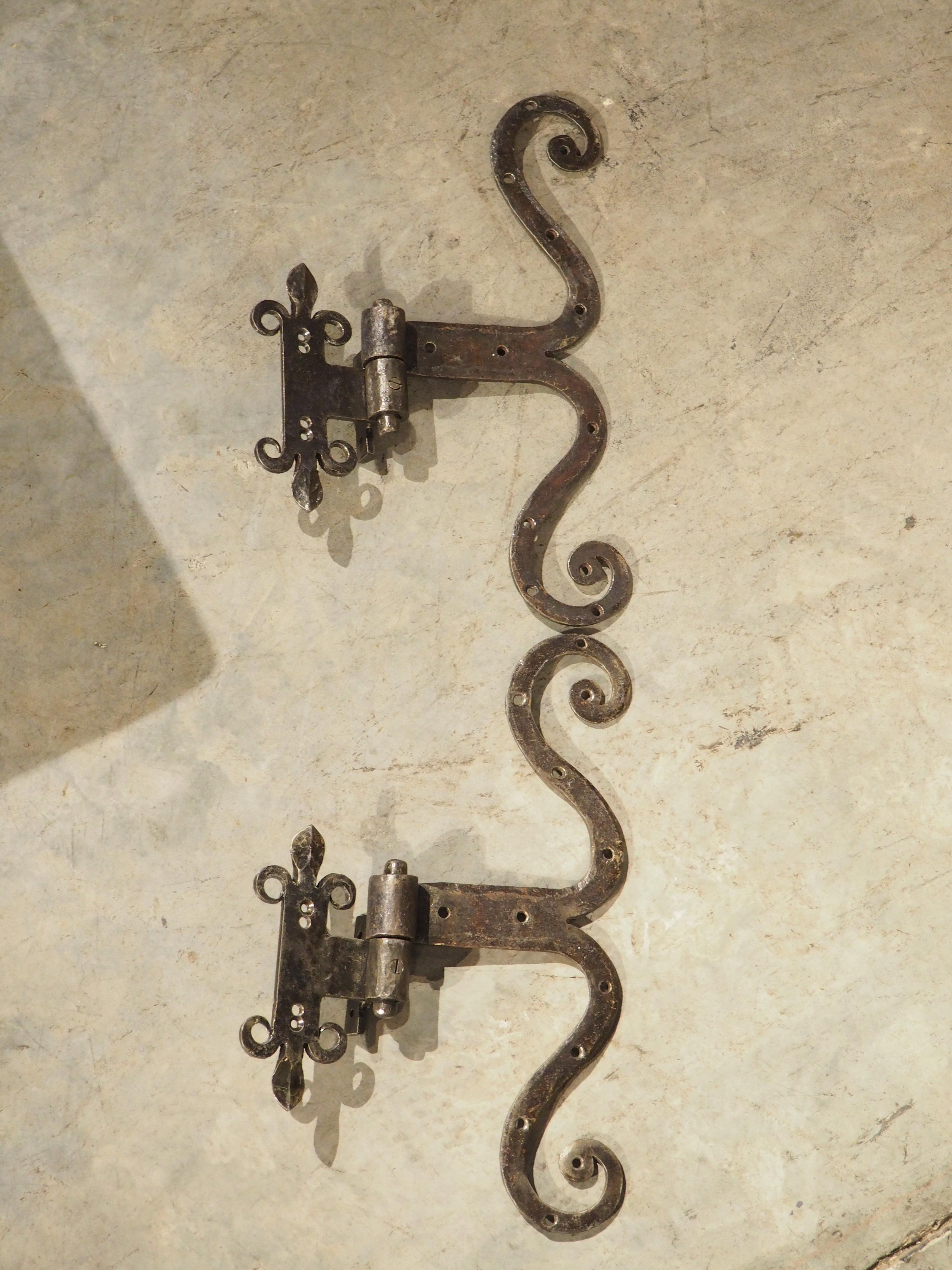 Lunga e a loop, questa coppia di cerniere per porte in ferro battuto a forma di fleur de lys misura circa 20 pollici di altezza. Realizzata a mano in Francia all'inizio degli anni '20, la parte della cerniera è ornata da grandi volute a S con