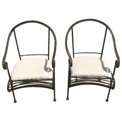 Retro Pair of French Wrought Iron Garden Lounge Chairs