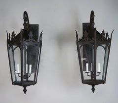 Pair of French Wrought Iron Gothic Style Lantern Sconces