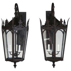 Pair of French Wrought Iron Gothic Style Lantern Sconces