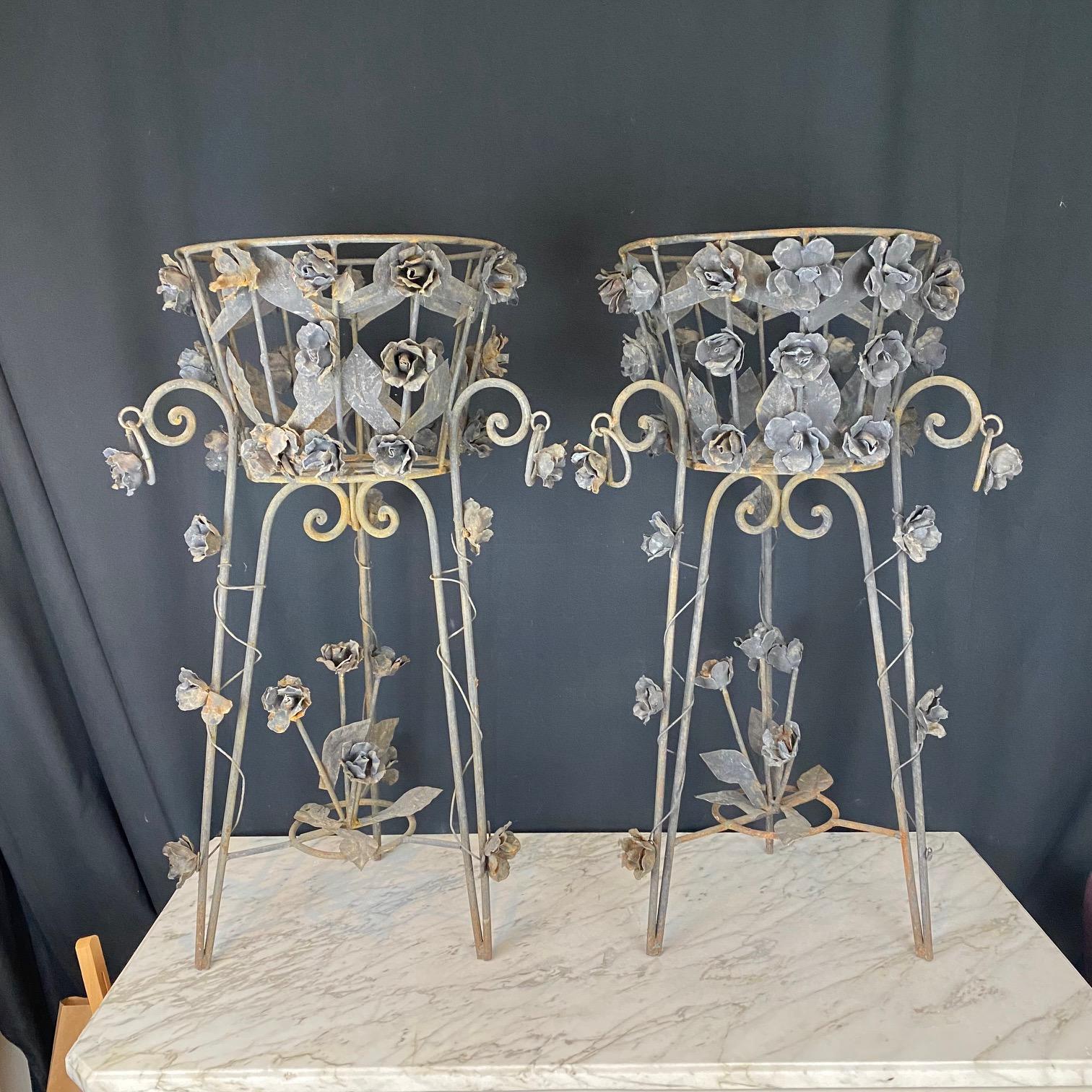 Pair of French Wrought Iron Jardiniere Plant Stands with Floral Accents For Sale 6