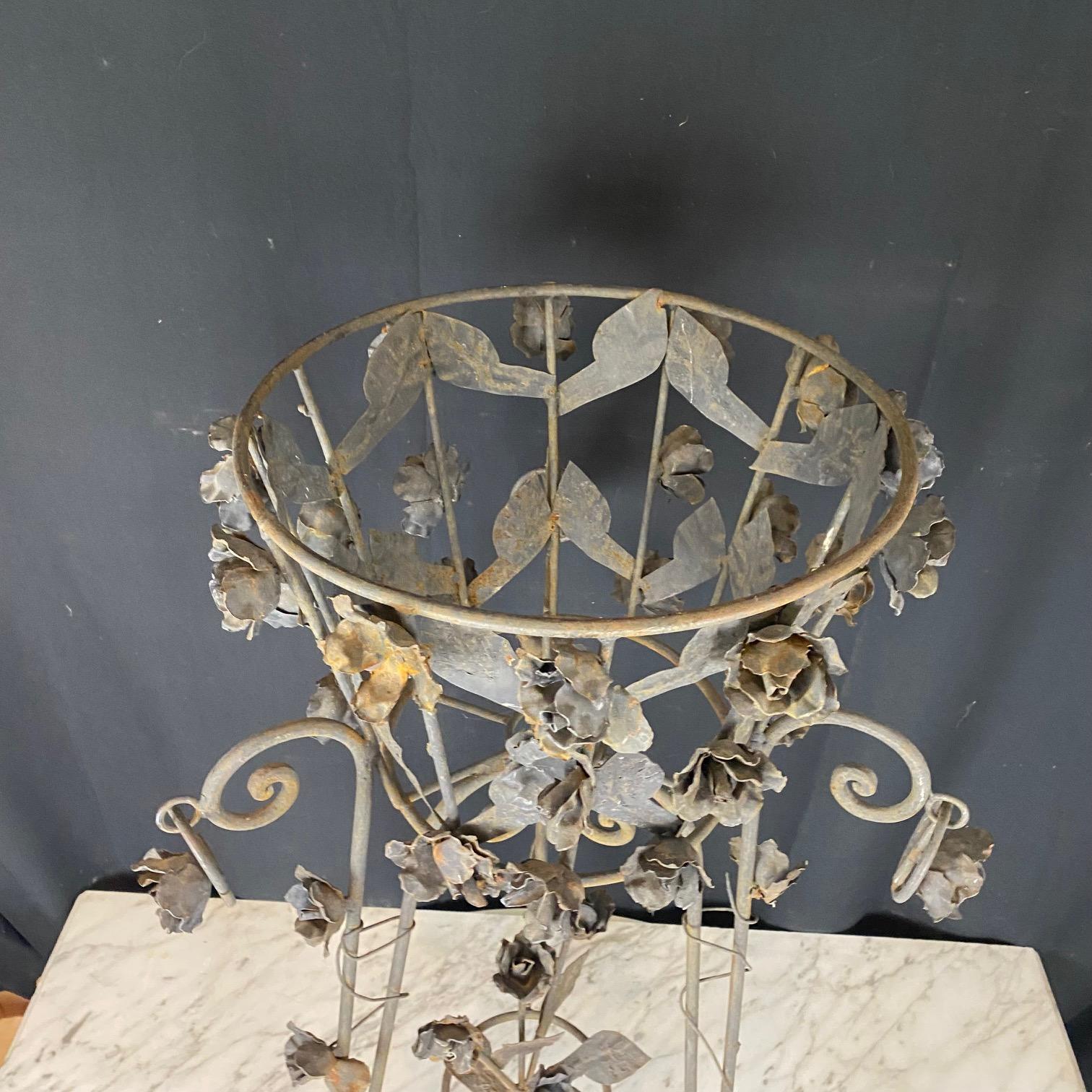 French Provincial Pair of French Wrought Iron Jardiniere Plant Stands with Floral Accents For Sale