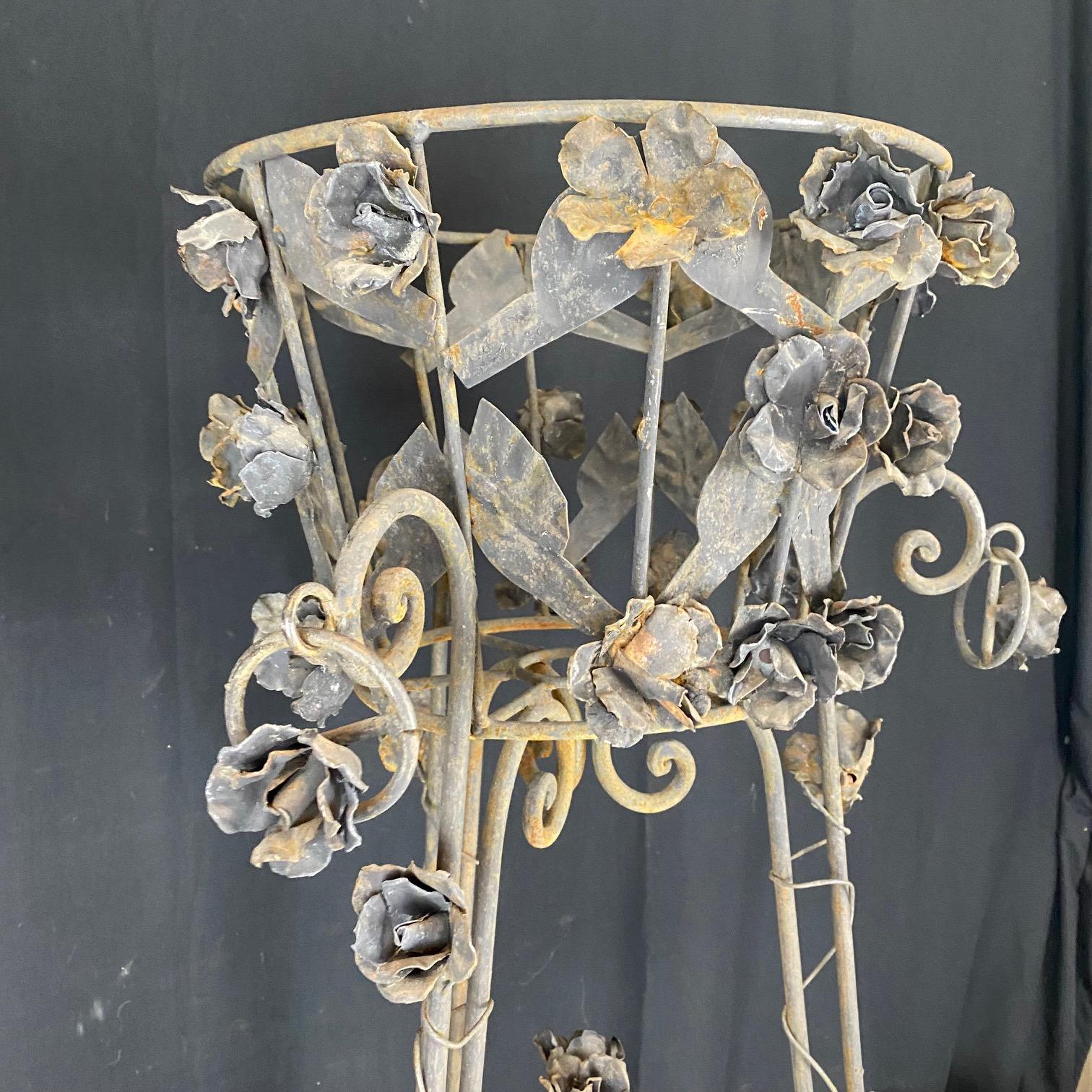 Pair of French Wrought Iron Jardiniere Plant Stands with Floral Accents For Sale 2