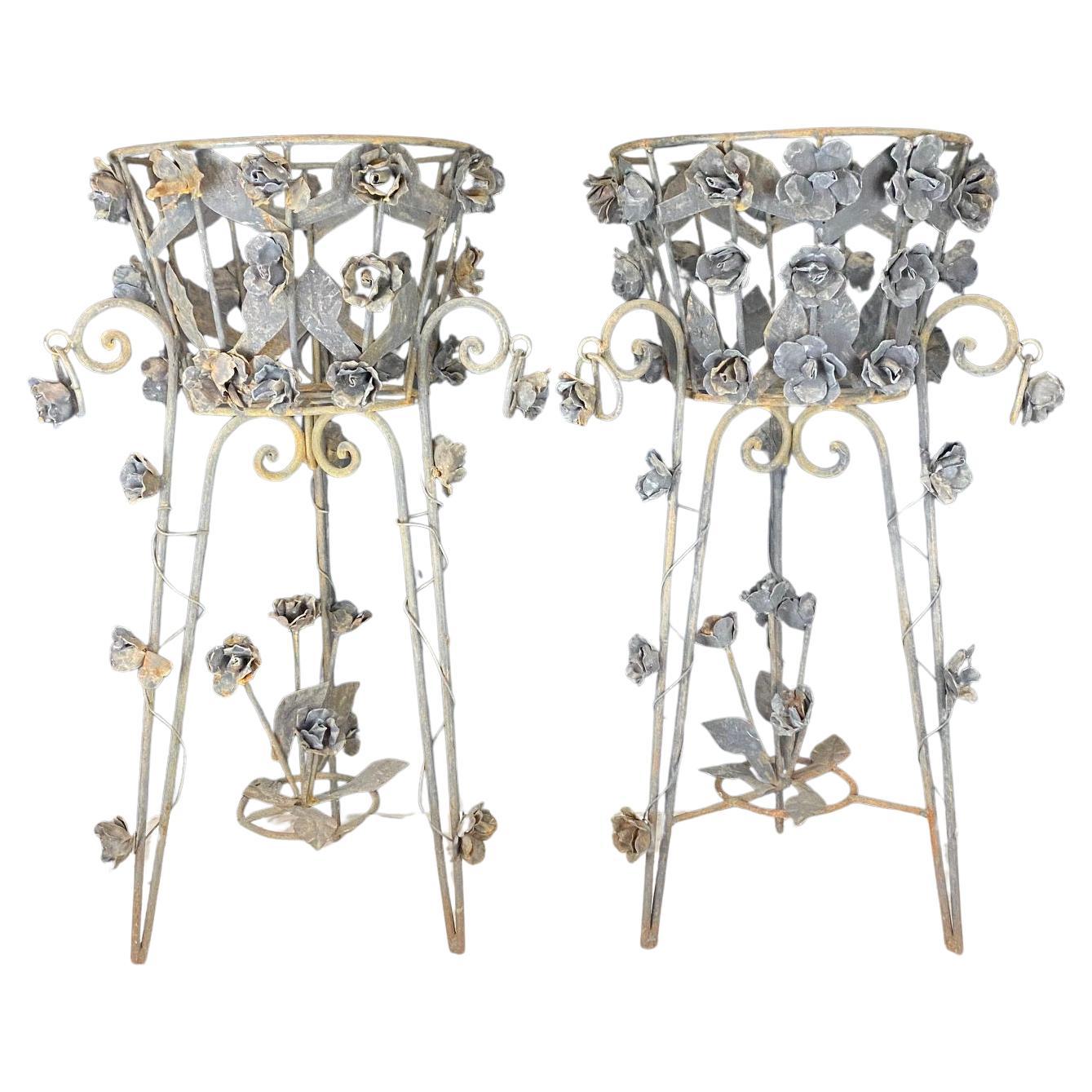 Pair of French Wrought Iron Jardiniere Plant Stands with Floral Accents
